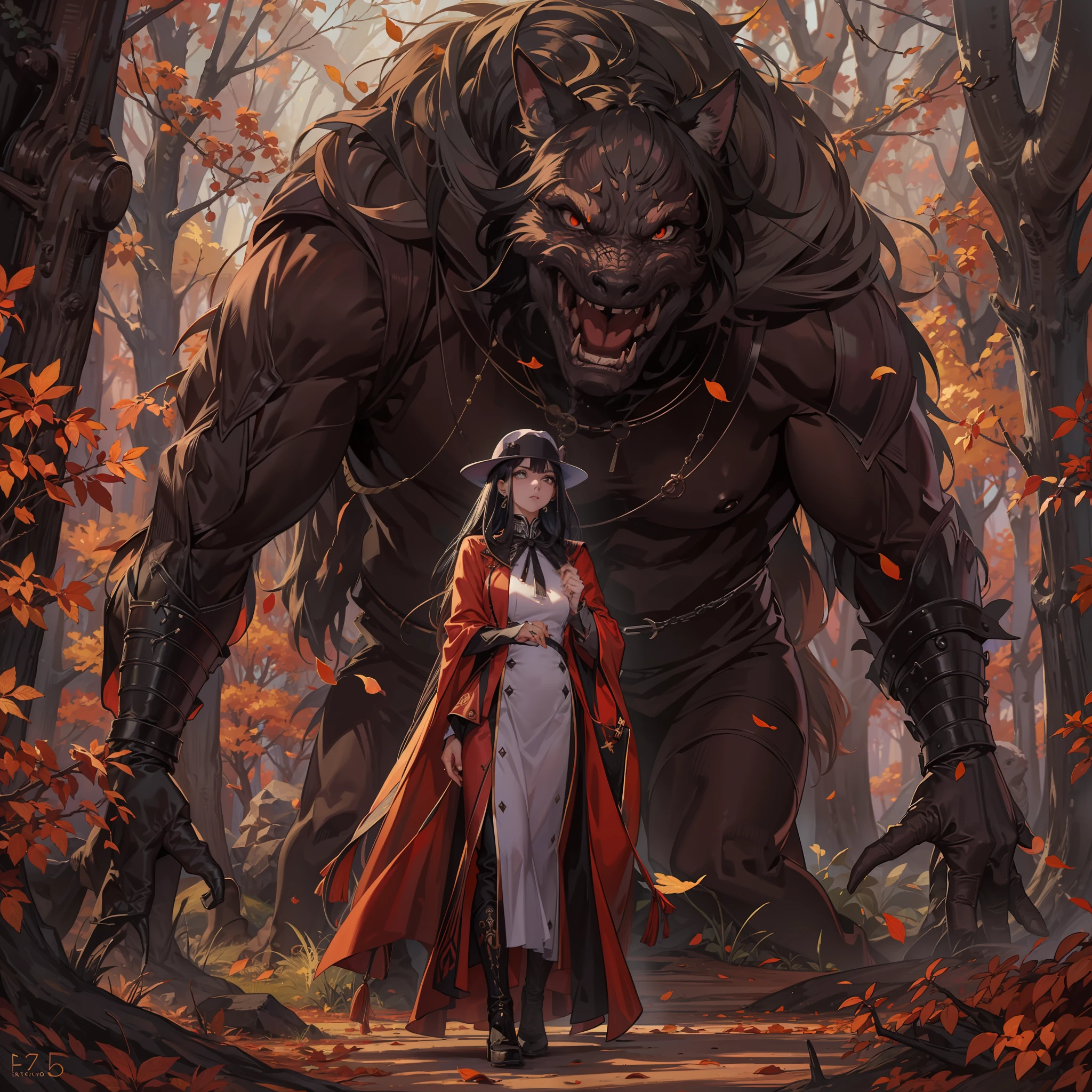 Un monstruo grotesco y su creador, A beautiful and powerful woman of about 24 years who is a powerful magician. She and the monster walk through a forest in autumn.. --ar 2:3 --q 5 --s 500 --c 20 --w 45 --v 5.2 --estilo crudo