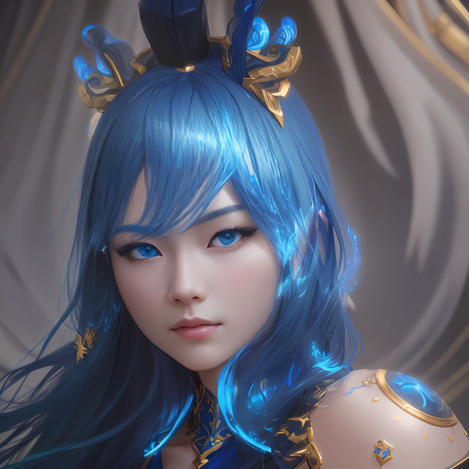 arafed image of a woman with blue hair and a gold helmet, with blue eyes, inspired by Jin Nong, azure. detailed hair, character close up, unreal engine render + a goddess, cinematic goddess close shot, final fantasy 14 style, character close-up, close up character, inspired by Leng Mei, goddess close-up portrait, inspired by Li Mei-shu