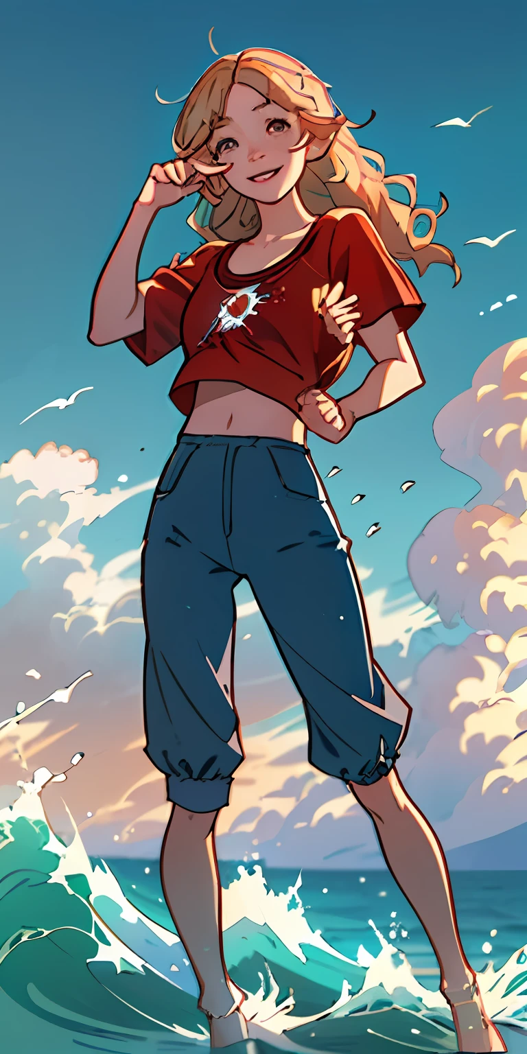 (Best quality at best,tmasterpiece),1girl,paw pose,ssmile,big laughter,the ocean,Short top,shorter pants,blond hairbl,freckle,Be red in the face,looking at viewert,Wavy hair,clouds,spatter,wave,suns,mont,dampness,Pussy