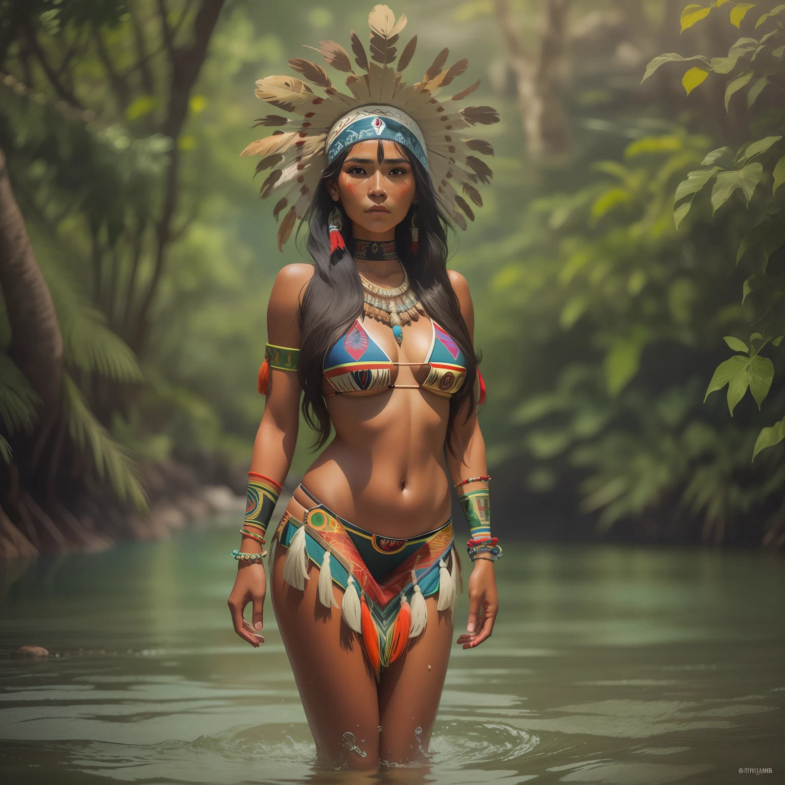 A beautiful indigenous woman standing in a bikini in a river, cabelos pretos longos cacheados com franja, rosto bonito, imagem alto detalhe, simetria, Arte de Fantasia