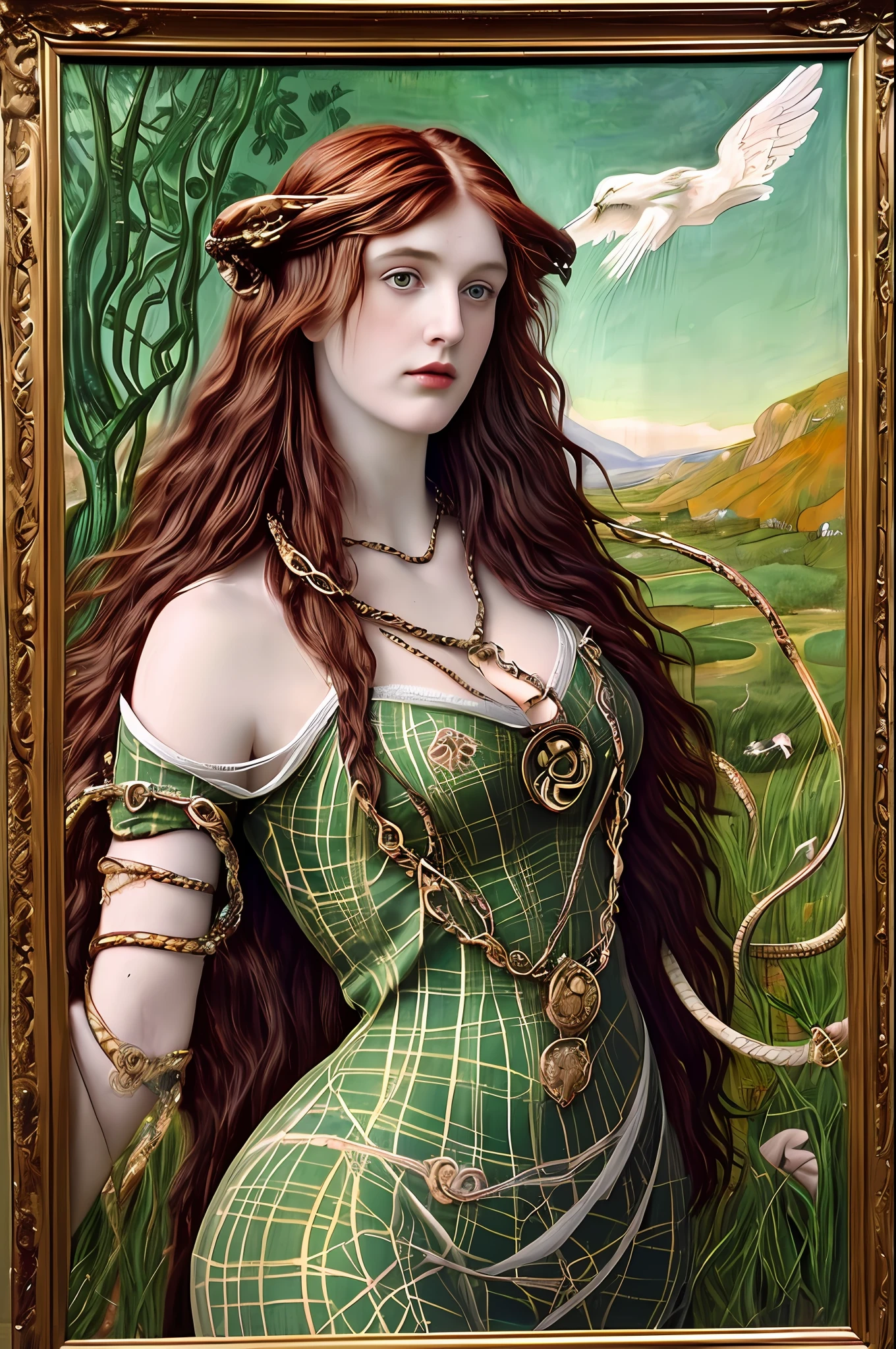 (((Pre-Raphaelite painting))) Celtic goddess of healing with a star on top of her head is flying in the sky, druid, white plaid clothes, holds a serpent, Celtic style, Druidism, Renaissance style, autumnal tones, snake, viper, serpent, ouroboros