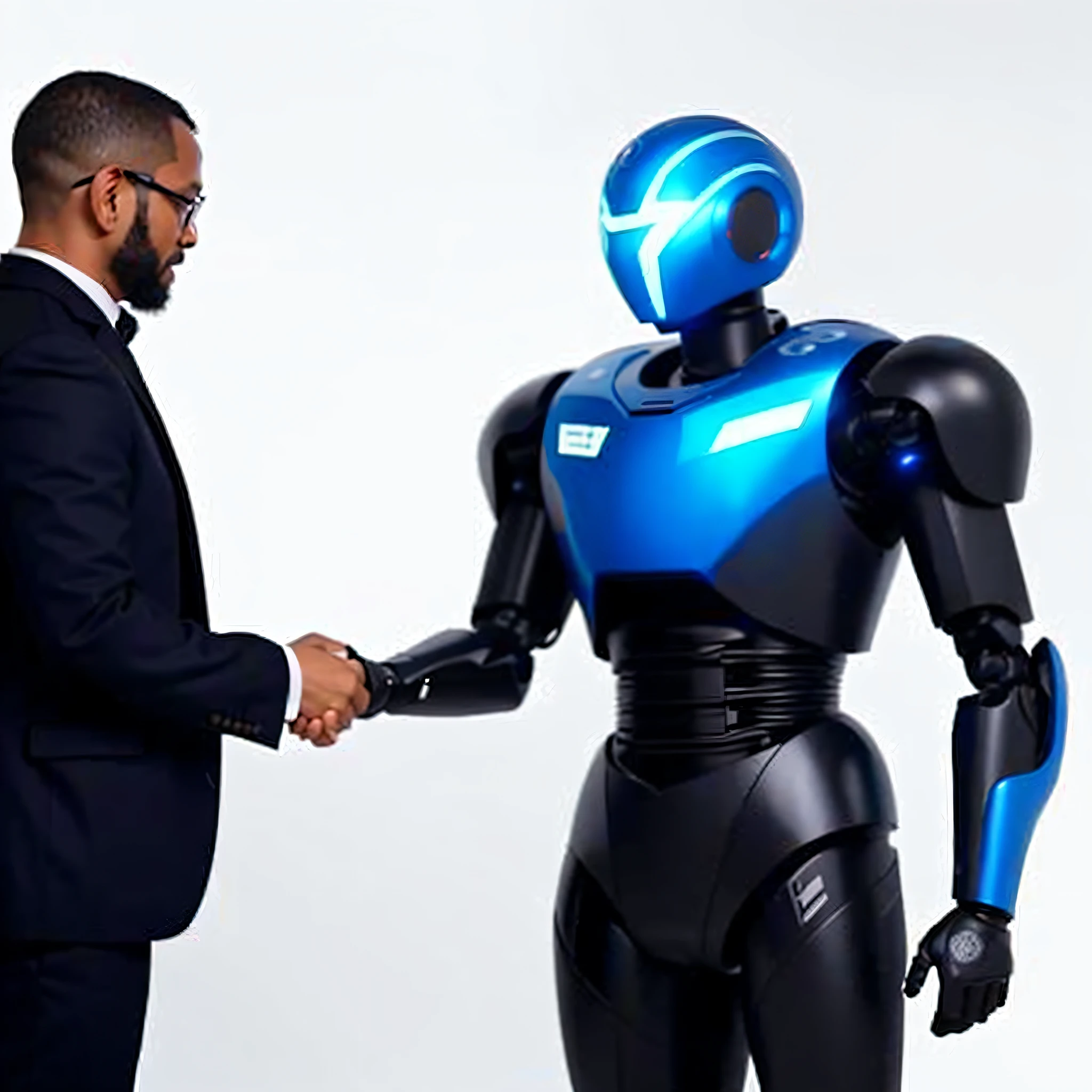 A black man shaking hands with a robot who helped him with his digital marketing services, The two of them are standing, aparentemente fechando um acordo, without many details of the tight hands, interior, interior, background with detailed office , luz fraca, disco Rigido, 8k, Pintado, Aquarela