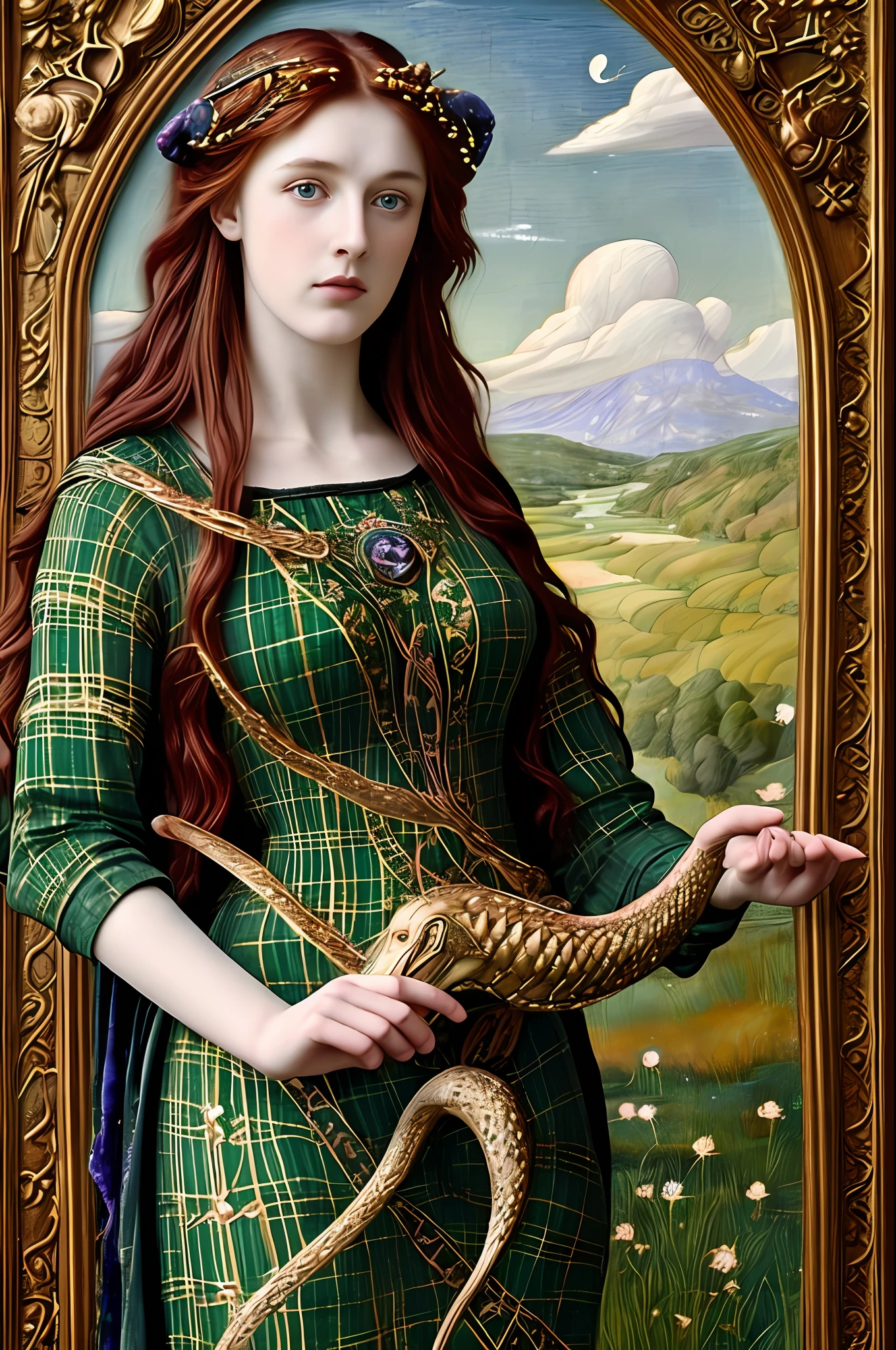 (((Pre-Raphaelite painting))) Celtic goddess of healing with a star on top of her head is flying in the sky, druid, white plaid clothes, holds a serpent, Celtic style, Druidism, Renaissance style, autumnal tones, snake, viper, serpent, ouroboros