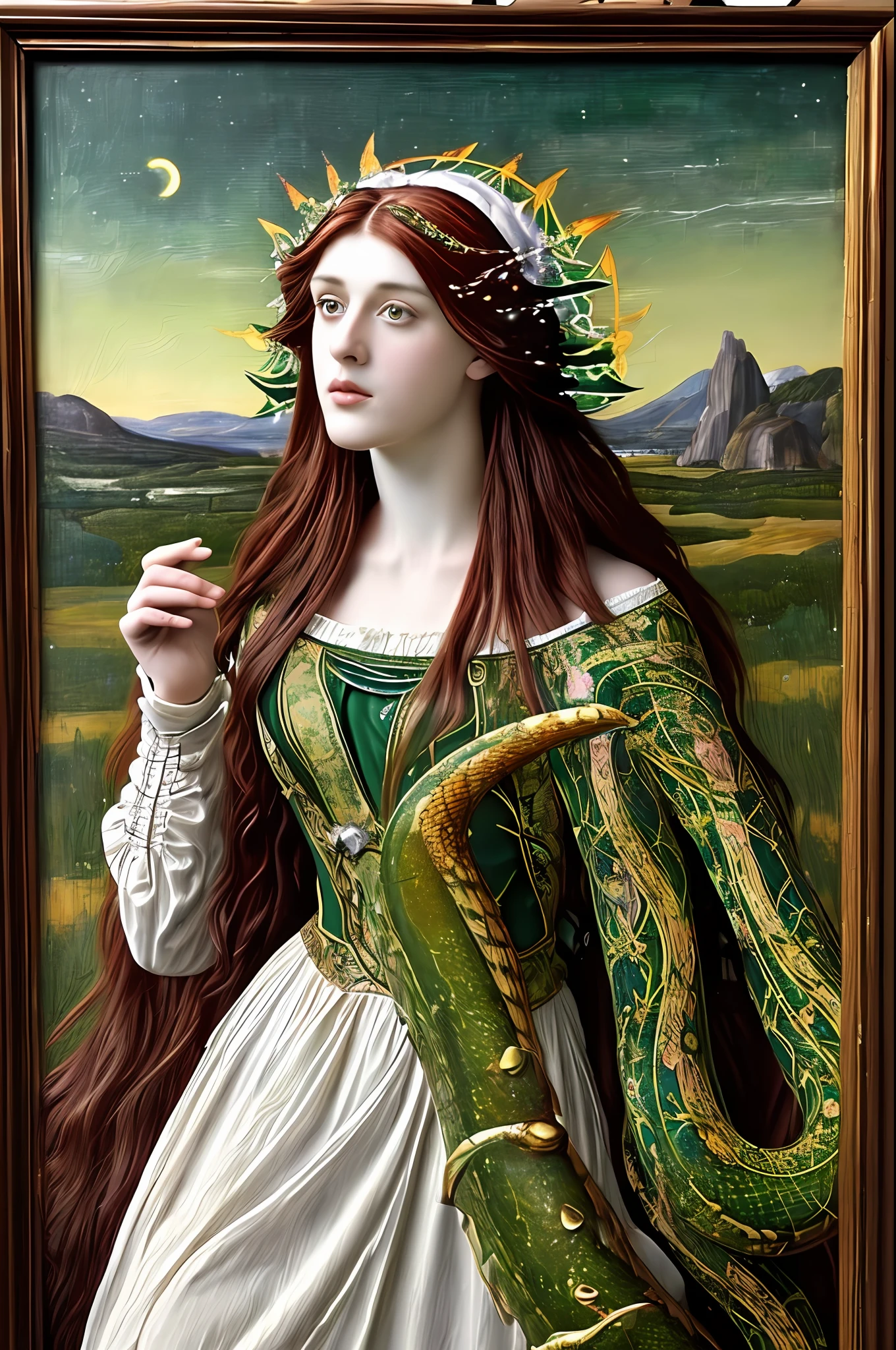 (((Pre-Raphaelite painting))) Celtic goddess of healing with a star on top of her head is flying in the sky, druid, white plaid clothes, holds a serpent, Celtic style, Druidism, Renaissance style, autumnal tones, snake, viper, serpent, ouroboros