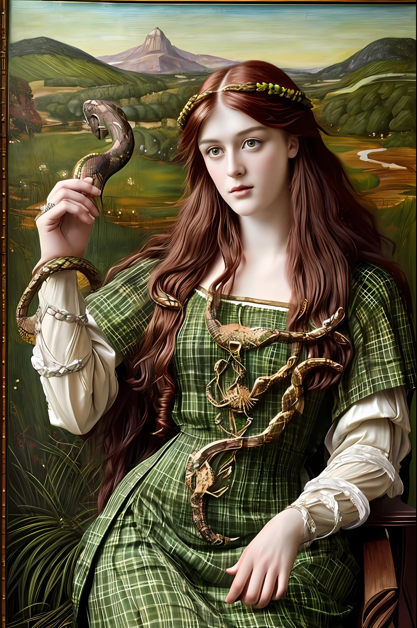 (((Pre-Raphaelite painting))) Celtic goddess of healing with a star on top of her head is flying in the sky, druid, white plaid clothes, holds a serpent, Celtic style, Druidism, Renaissance style, autumnal tones, snake, viper, serpent, ouroboros