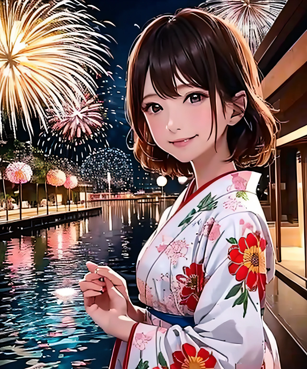 (masutepiece:1.2, Best Quality), 1lady, Solo, "Create an image of a lonely woman in a yukata (traditional Japanese Yukata.) (While watching many large fireworks.:1.5)" Description: Woman standing by picturesque river, Nearby trees々々々々々々Illuminated by the soft light of the lantern hanging from. The colorful yukata she wears is a blend of pastel colors, Decorated with a delicate floral pattern reminiscent of summer elegance. a belt (sash) neatly tied in an intricate knot on her back, Add a sophisticated touch to her appearance. Looking up at the night sky, Brilliant fireworks explosions illuminate the darkness, Cast attractive display of colors and patterns. The air is filled with the gentle crackling and popping sound of fireworks, Create a lively atmosphere around her. Her wavy, Ebony hair runs down her shoulders, Delicately framing her face, That's when she embraces the beauty of the moment、Unleash a mixture of joy and surprise. Some small, Decorative hairpins adorn her hair, Add playfulness to her overall appearance. Shake delicately to keep cool on warm summer evenings. The surrounding scene is full of festive excitement, Others wearing yukata々You can see them enjoying mixing fireworks. The lanterns hung on the riverbank are、Creates a warm and welcoming atmosphere, Soft glow reflected on the surface of the water. Overall, The image captures the essence of calm and joyful moments, As a woman embracing the spirit of traditional summer festivals while soaking in the beauty of fireworks. Ayana_taniguchi