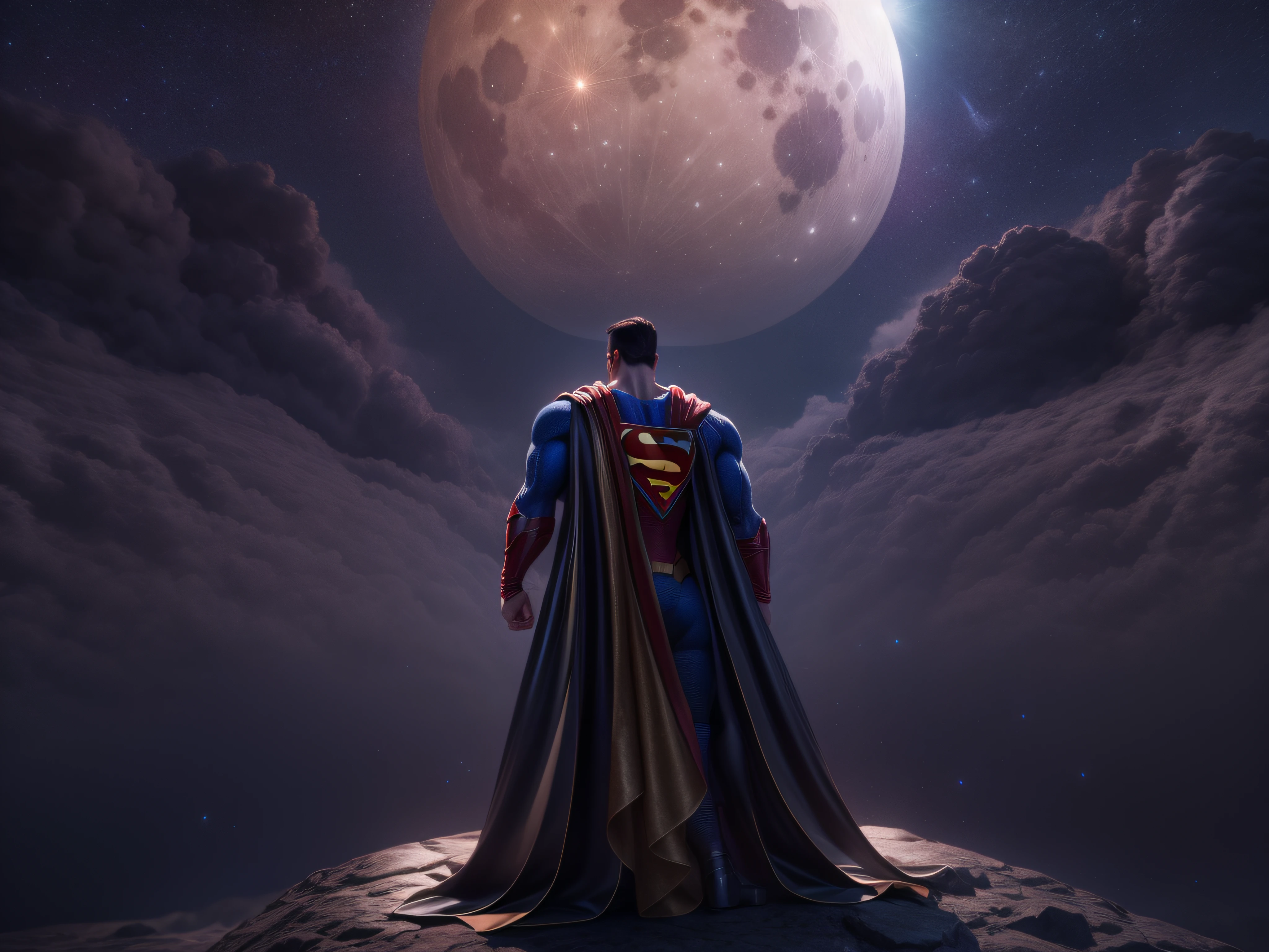 Close a powerful threat, Superman's imposing appearance, menacing stare, ricamente detalhado, Hiper realista, 3D-rendering, obra-prima, NVIDIA, RTX, ray-traced, Bokeh, Night sky with a huge and beautiful full moon, estrelas brilhando,