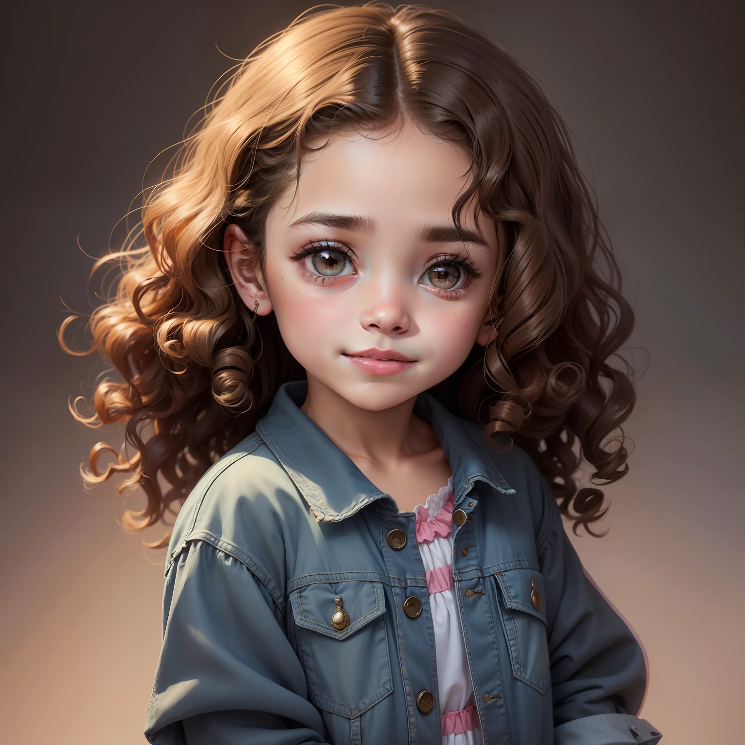 Child  girl with curly hair light brown eyes big brown eyes round face wearing a dress with a denim jacket,o modelo jovem, Full body and head shot, Violeta Myers, full protrait, studio potrait, studio photo portrait, photo shoot, Pose casual, mid portrait, studio portrait photography, bonito e sorridente, fotografia headshot, retrato promocional, medium-length portrait photography, Tiro de glamour, Studio portrait, color studio portrai