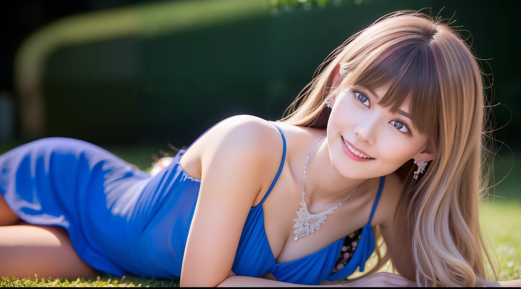 1 girl lying in the park at night,Clear sky in the background. Park benches and soft lighting, Rear photo, (Side photography), looking back at the viewer, (Masterpiece), ((Ultra-detailed)), (Highly detailed), (Expressionless), (Best quality: 1.2), 8K, hdr, A high resolution, absurderes: 1.2, Object perspective, Blurred background, Bokeh: 1.1, Lens flare, (vivd colour: 1.2), High quality texture, Detailed texture, High-quality lighting and shadows, a face with perfect proportion, full bodyesbian, Mature and excited body, Detailed skin texture, vibrant, pale and radiant skin, natural saggy breasts, gigantic bosom: 1.5, High waist, Narrow waist: 1.3, Wide hips, Full buttocks, Detailed beautiful face, (PureErosFace_V1:1.3)(Ulzzang-6500:0.4) Detailed beautiful eyes, Symmetrical eyes, Perfect eyes, Seductive eyes, Beautiful nose, High nose, Clear blush, Detailed lips, Earrings, hoop earings, necklace, jewelry, Sapphire heart necklace, Silver-toned high-heeled sandals, Seductive expression, Smile, Perfect hands, Delicate and beautiful fingers, Detailed beautiful legs, photo-realistic hair, detailed hairs, (Silver dress, Red dress, Blue dress), Chisato Nishiki, Long hair, Blonde hair, (Red eyes: 1.5), Hair ribbon, Bob cut, Red hair ribbon,),gigantic cleavage breasts,Japan goddess,Blush,