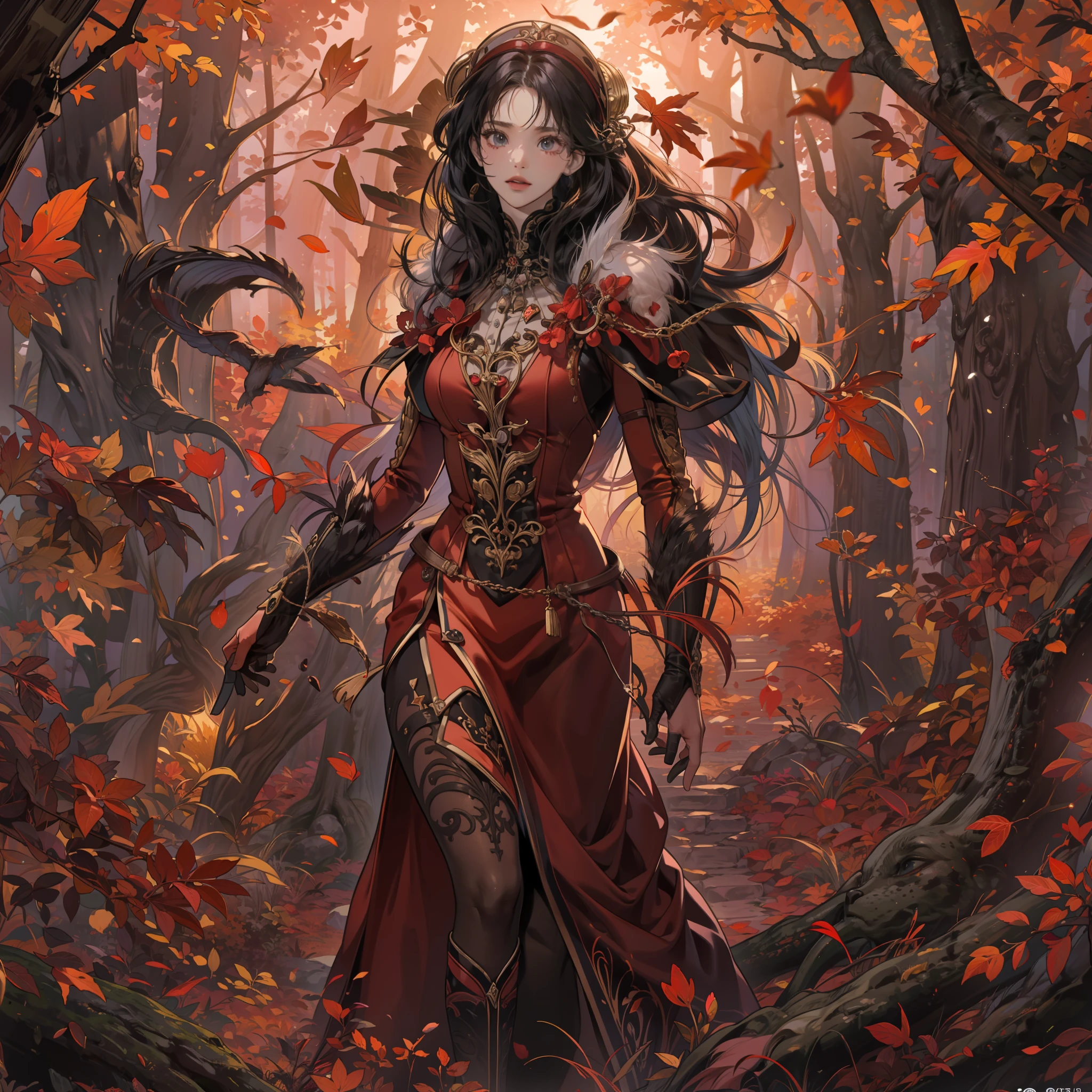 Un monstruo grotesco y su creador, A beautiful and powerful woman of about 24 years who is a powerful magician. She and the monster walk through a forest in autumn.. --ar 2:3 --q 5 --s 500 --c 20 --w 45 --v 5.2 --estilo crudo