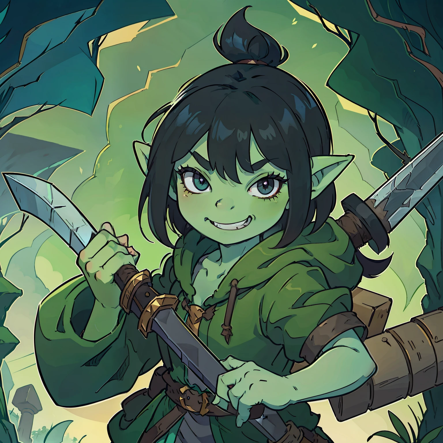 dnd character, green skin, black hair, short stack, shorty, short,midget, goblin girl,gnome, barbarian, sharp detail, colourful, novel illustration, beautiful, big expresive eyes, mischievous grin ,exited , huge two-handed sword,solo