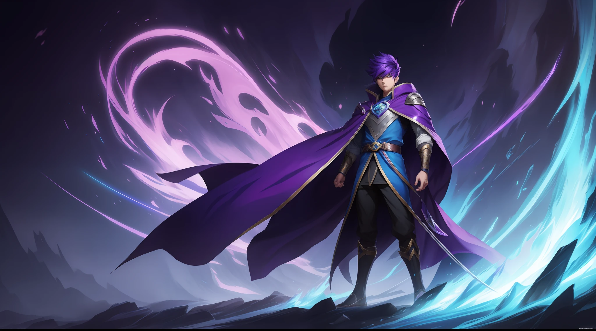 anime boy character with a purple hair and a blue cape, concept art inspired by Shen Zhou, trending on Artstation, conceptual art, official splash art, splash art, iconic character splash art, league of legends splashart, character splash art, leblanc, league of legends splash art, from league of legends, wallpaper splash art promo art, league of legends character