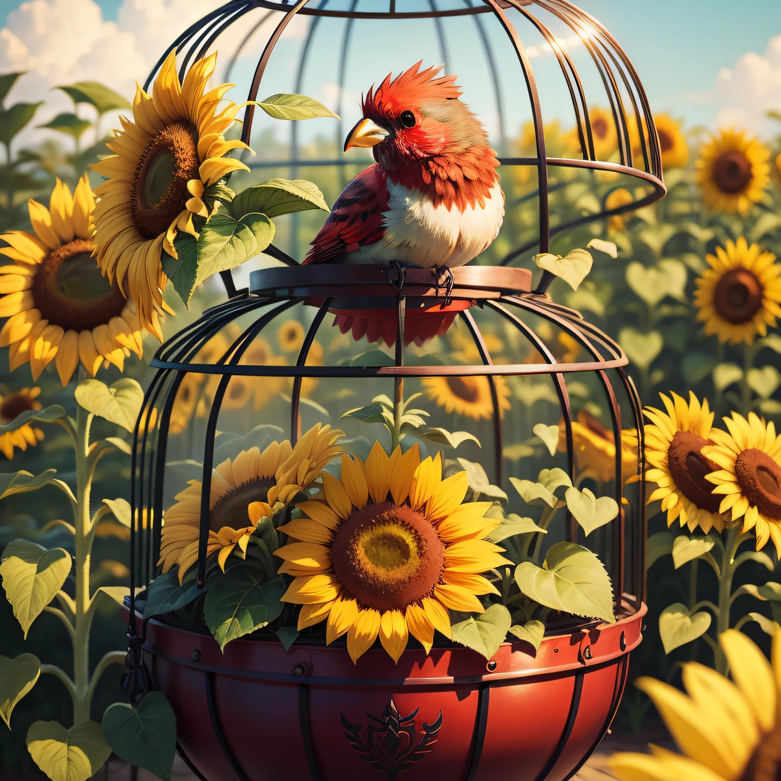 a red bird kissing a sunflower in a cage full of green leaves