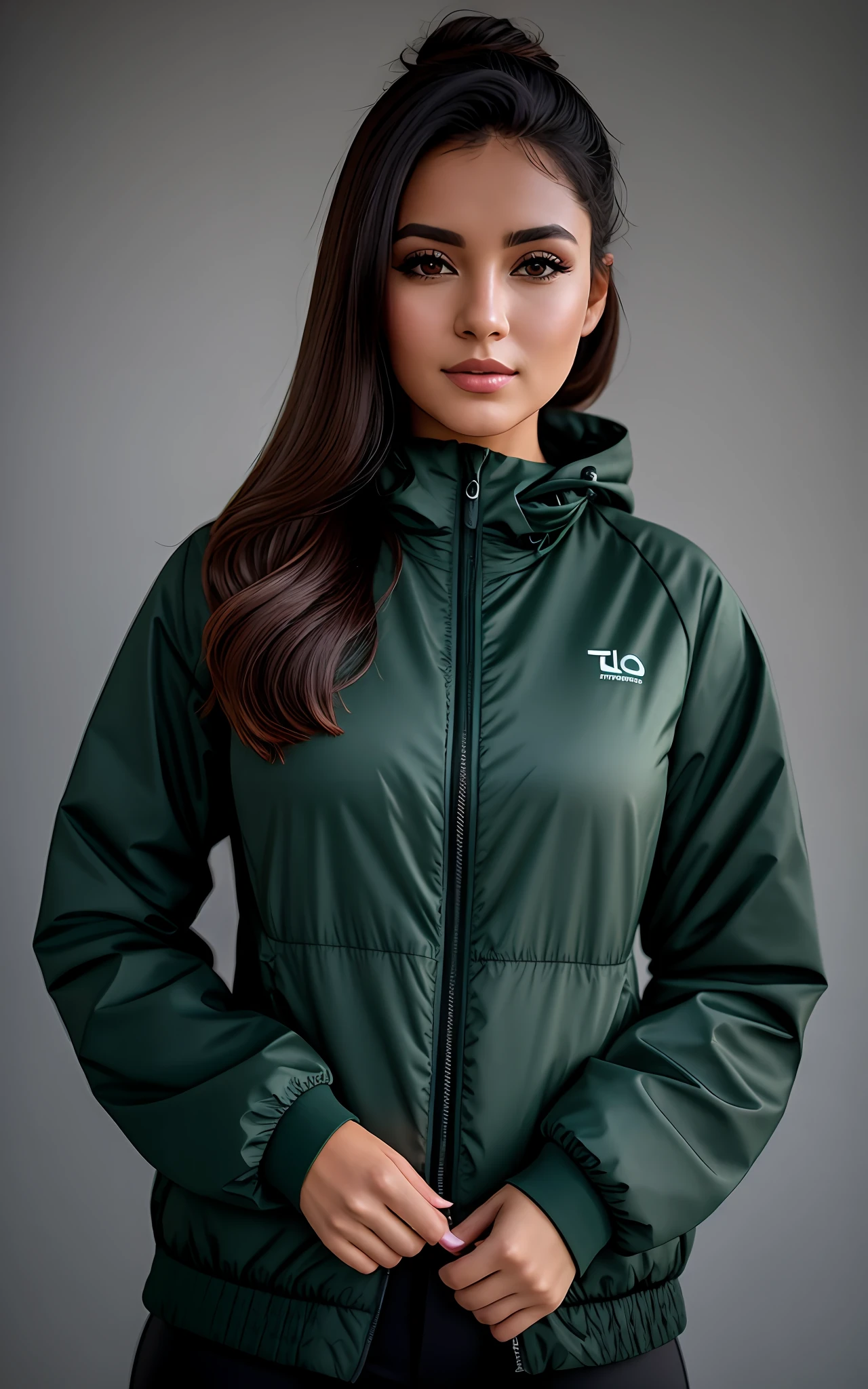 A closeup of a woman wearing a dark green jacket and black pants, Foto retrato, F / 2 0, foto de retrato em close-up, close up foto de retrato, Foto do perfil, Retrato no meio da foto, medium closeup shot, tiro de close-up, Fotografia de uma mulher techwear, roupas de caminhada, model is wearing techtical vest, foto de beleza, Tiroteio ambiental, Retrato frontal