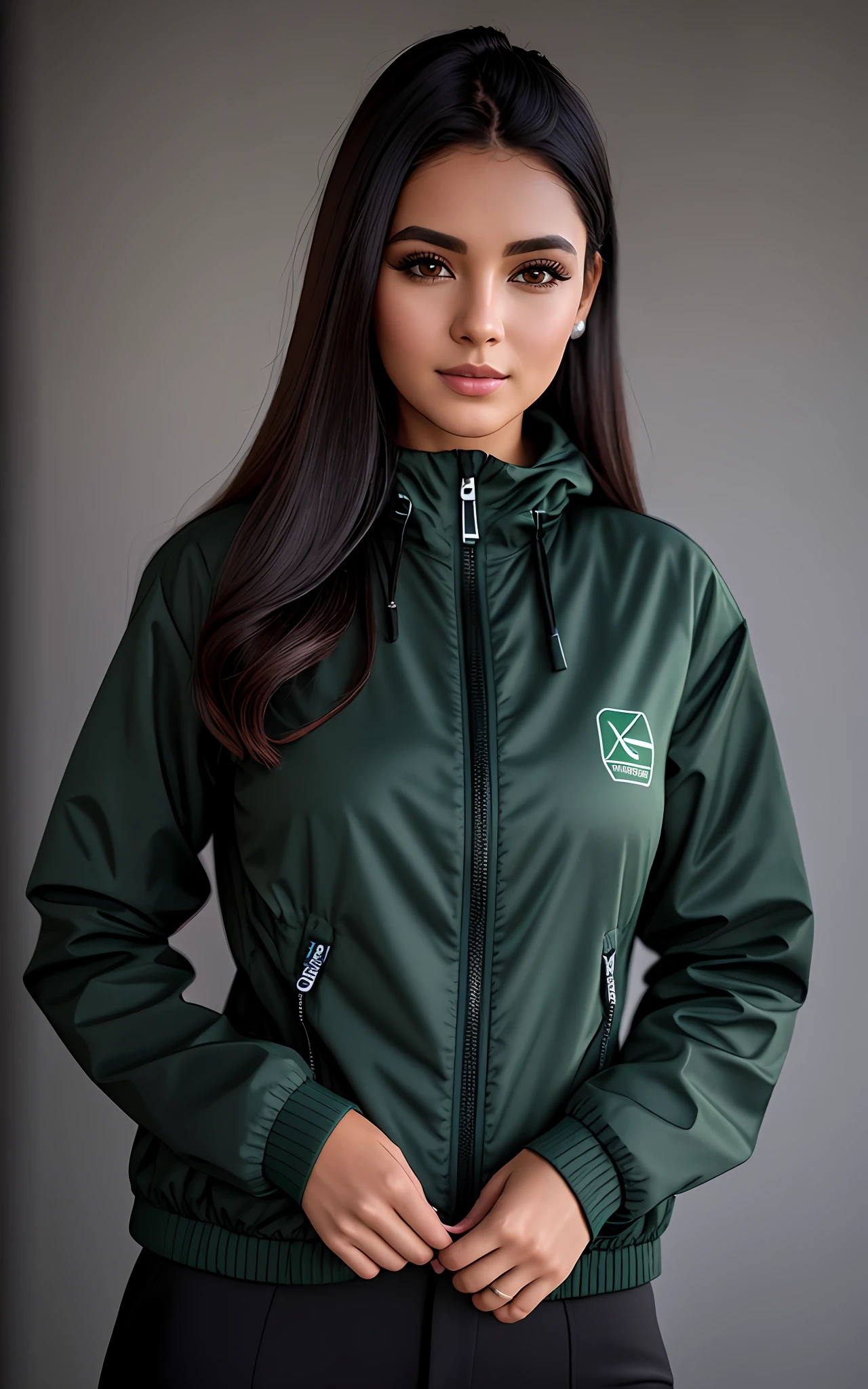 A closeup of a woman wearing a dark green jacket and black pants, Foto retrato, F / 2 0, foto de retrato em close-up, close up foto de retrato, Foto do perfil, Retrato no meio da foto, medium closeup shot, tiro de close-up, Fotografia de uma mulher techwear, roupas de caminhada, model is wearing techtical vest, foto de beleza, Tiroteio ambiental, Retrato frontal