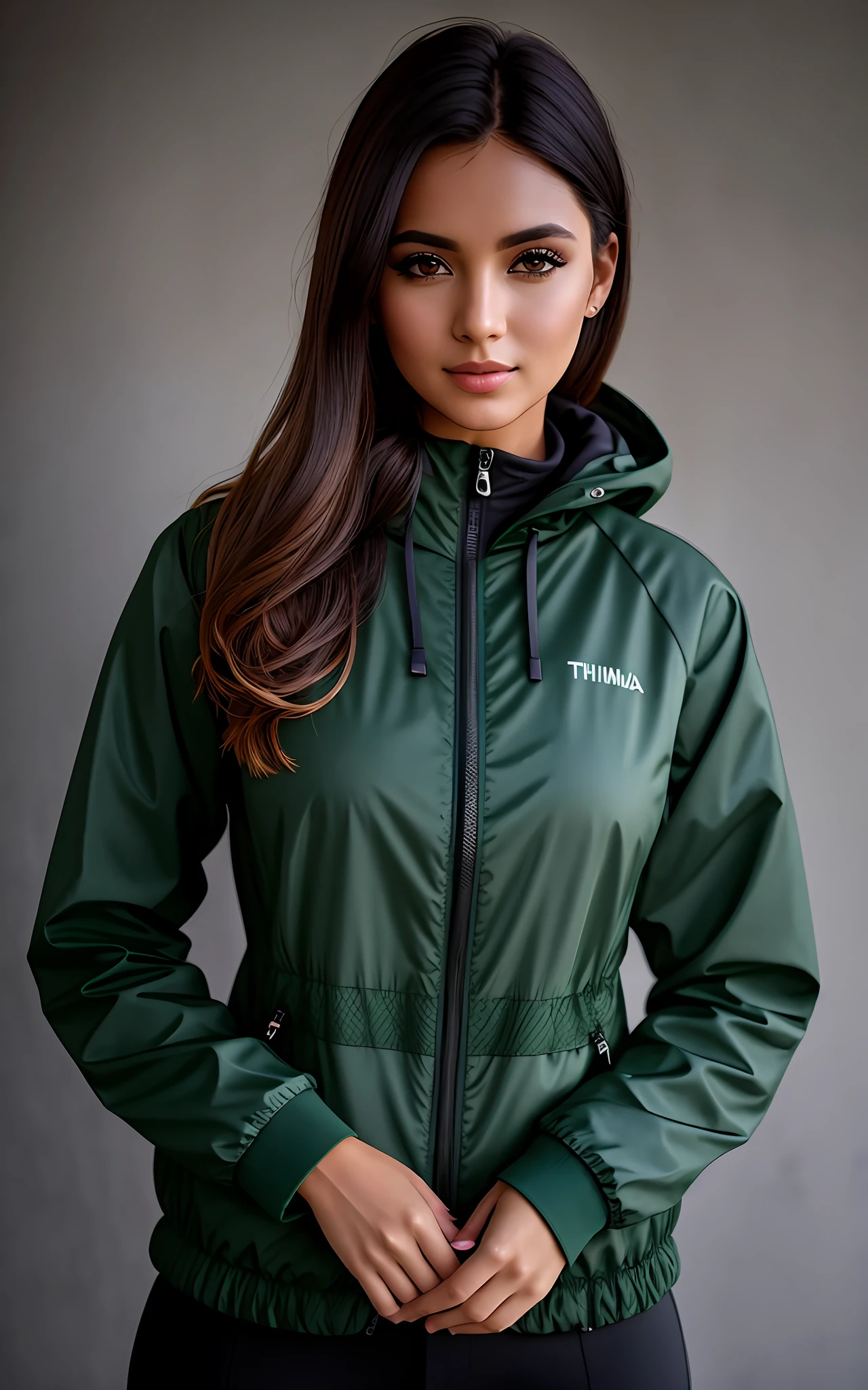 A closeup of a woman wearing a dark green jacket and black pants, Foto retrato, F / 2 0, foto de retrato em close-up, close up foto de retrato, Foto do perfil, Retrato no meio da foto, medium closeup shot, tiro de close-up, Fotografia de uma mulher techwear, roupas de caminhada, model is wearing techtical vest, foto de beleza, Tiroteio ambiental, Retrato frontal