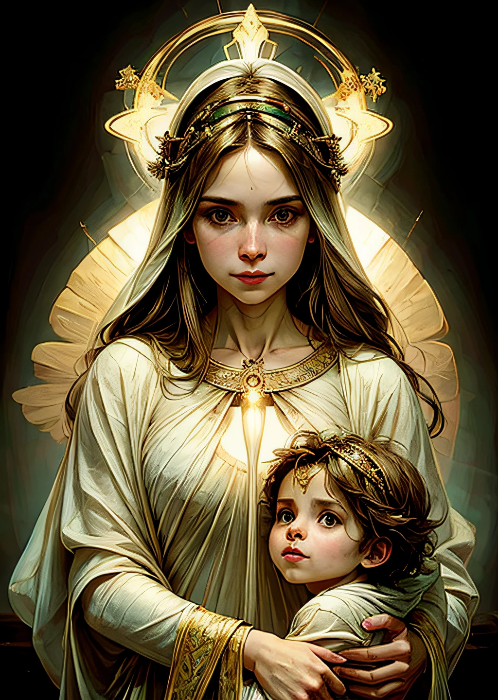 masterpiece, woman and child, holy virgin mary with little boy in her arms, ((halo over head)), smiling, heavenly sky, half body, ((divine light)), ethereal, clouds, back lighting, realistic portrait, symmetrical, strong, intricate drawing, highly detailed, digital painting, art station, concept art, fluid, sharp focus, illustration, against heaven's gate, cinematic lighting, works by artgerm and greg rutkowski and alphonse mucha