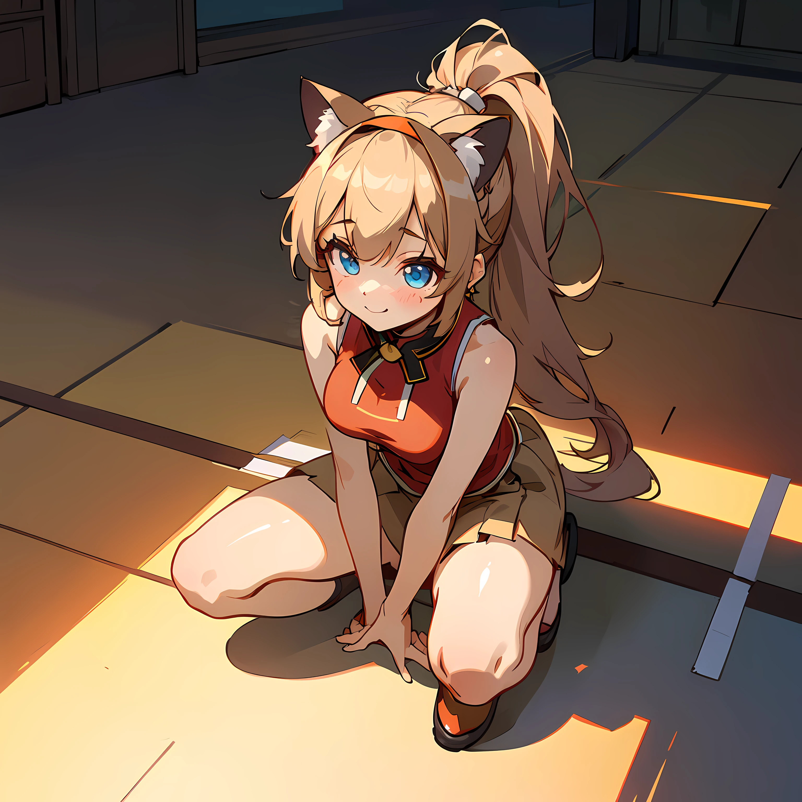 (Highly detailed CG Unity 8k wallpaper), (Best Quality), (Super Detail), (Best Illustration), (Best Shadow), POV, Realistic lighting and shading, Natural light, Lens flare effect, BREAK, 1 beautiful girl, Solo,(Cute:1.5),(Chibi:0.8), (kawaii:1.5),(Lori:0.5), BREAK,  ( (17 years old girl), Very detailed, colourfull, highest details, BREAK, (Huge breasts: 1. 2,), Clear skin, Beautiful skin, Shy skin, 1 beautiful girl, Brown hair, (Cat ears, Ponytail, medium-Long hair: 1. 2), (Light blue eyes, long eyelashes, Double eyelids: 1. 2), Solo,red blush,  gleaming skin, BREAK,(skirt by the,a miniskirt,Beige skirt:1.2), (Sleeveless, sleeveless shirts, Red Shirt:1.2),  (star-shaped earring:1.1), (Lace headband:1.0), (Cute back:1.3), (A smile,Happiness:1.1), (Squatting,Rolling up her skirt with both hands,Open legs,Stripe String Pan:1.3),  (Angle from the front:1.1), BREAK,