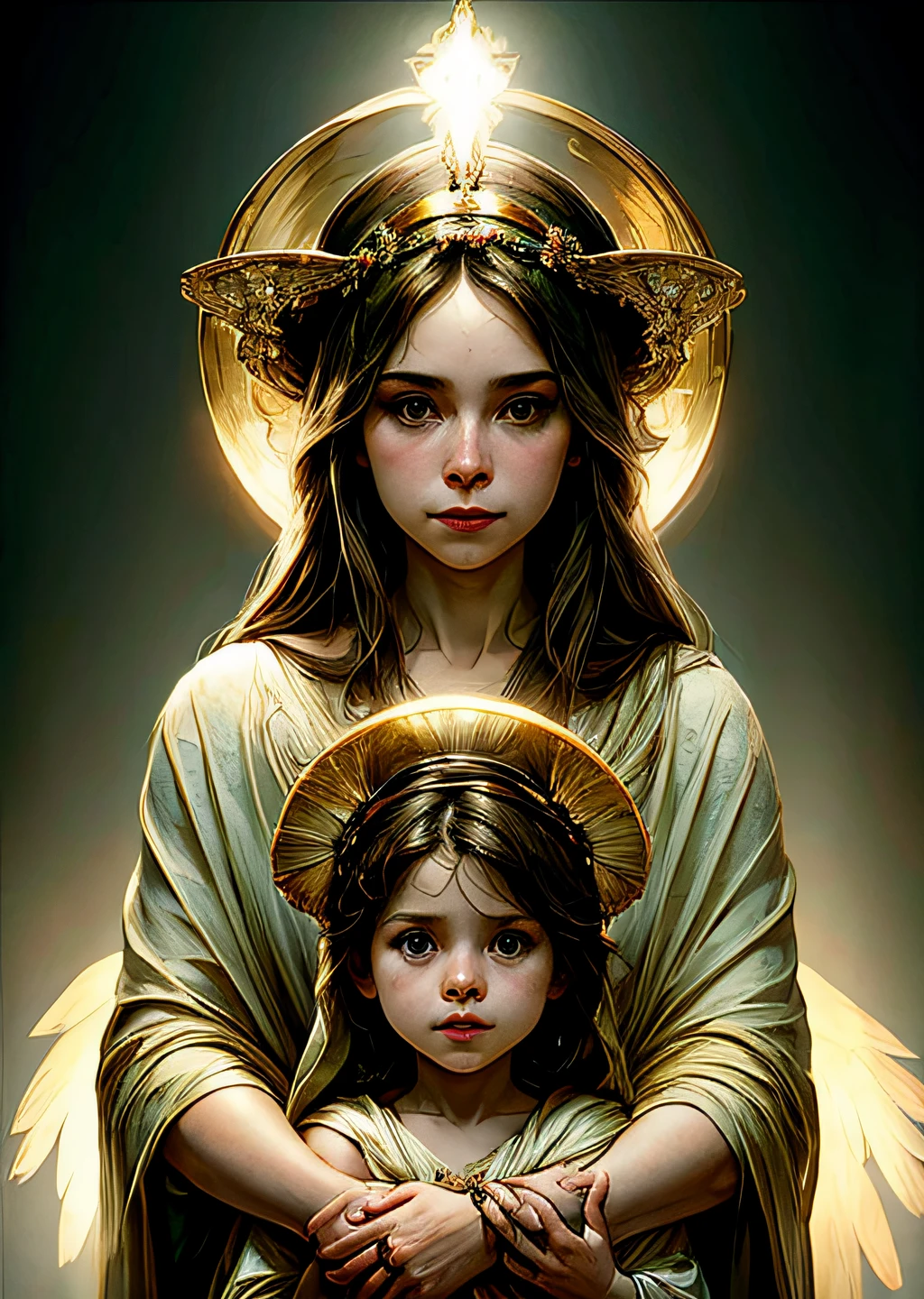 masterpiece, woman and , holy virgin mary with littlin her arms, ((halo over head)), smiling, heavenly sky, half body, ((divine light)), ethereal, clouds, back lighting, realistic portrait, symmetrical, strong, intricate drawing, highly detailed, digital painting, art station, concept art, fluid, sharp focus, illustration, against heaven's gate, cinematic lighting, works by artgerm and greg rutkowski and alphonse mucha