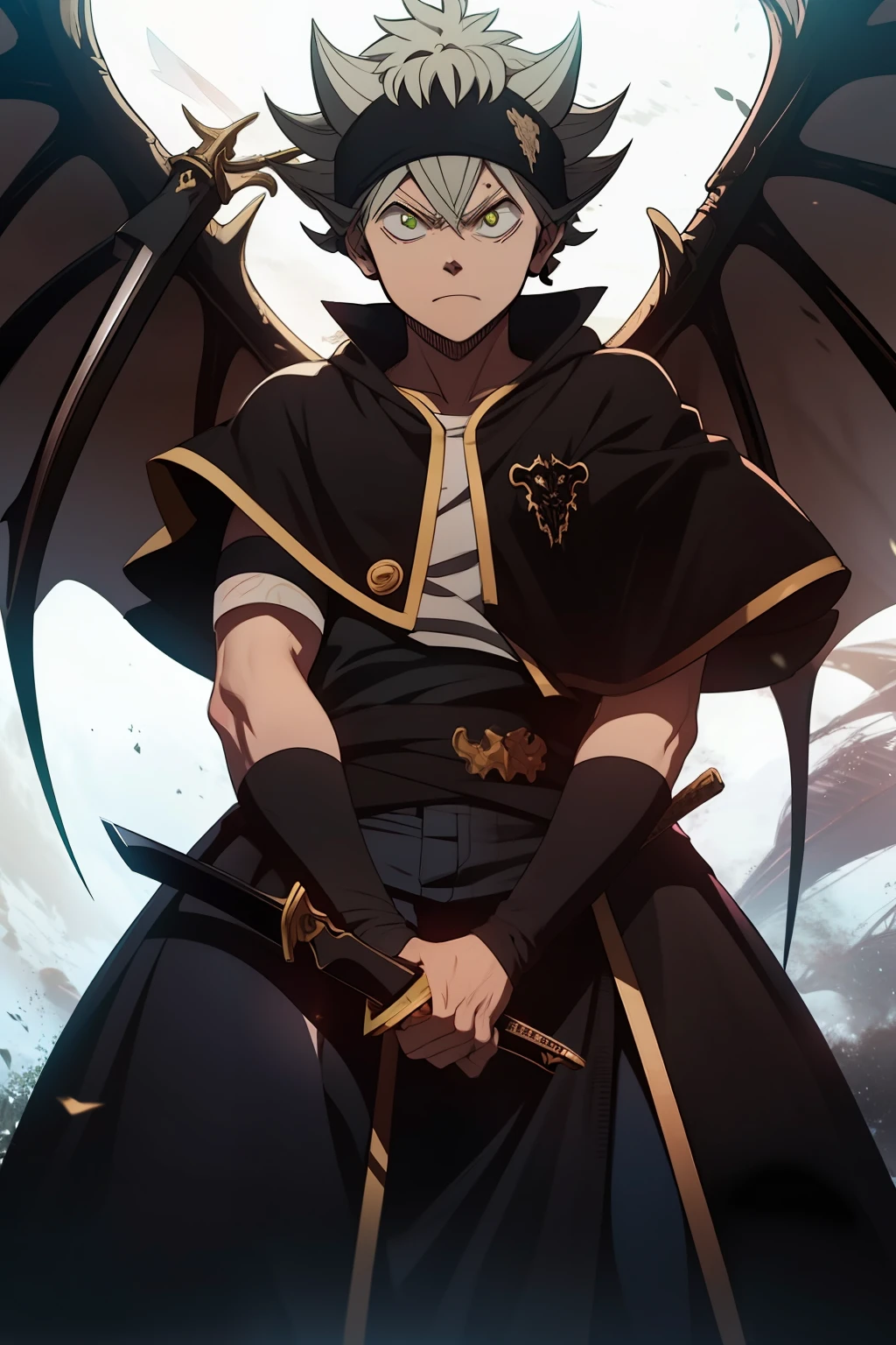 Handsome Asta Black Clover, sword in hand, demonic look, serious red eys,demon wings, look at the viewers, half side demon and half side human, fight moments