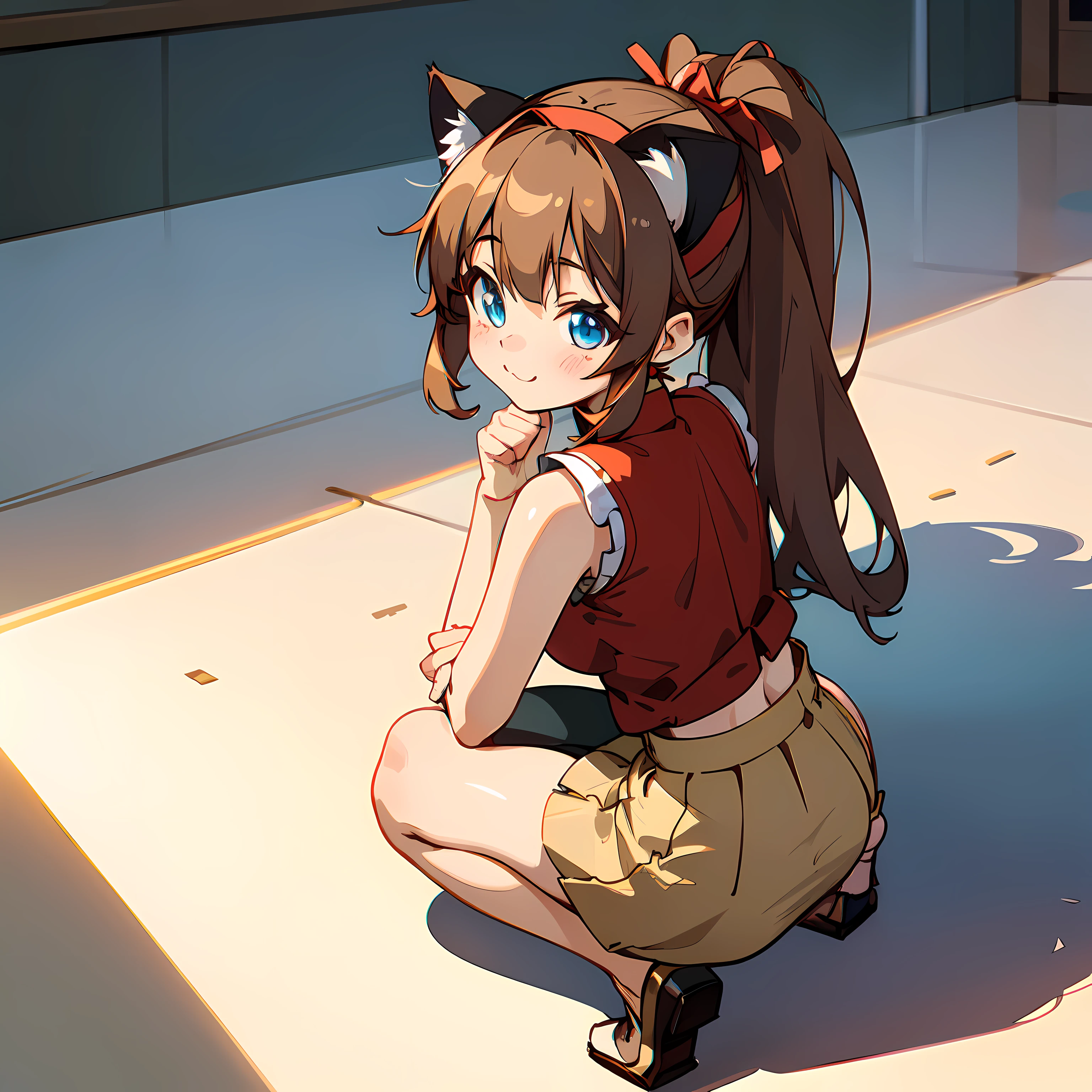 (Highly detailed CG Unity 8k wallpaper), (Best Quality), (Super Detail), (Best Illustration), (Best Shadow), POV, Realistic lighting and shading, Natural light, Lens flare effect, BREAK, 1 beautiful girl, Solo,(Cute:1.5),(Chibi:0.8), (kawaii:1.5),(Lori:0.5), BREAK, ( ( girl), Very detailed, colourfull, highest details, BREAK, (Huge breasts: 1. 2,), Clear skin, Beautiful skin, Shy skin, 1 beautiful girl, Brown hair, (Cat ears, Ponytail, medium-Long hair: 1. 2), (Light blue eyes, long eyelashes, Double eyelids: 1. 2), Solo,red blush, gleaming skin, BREAK,(skirt by the,a miniskirt,Beige skirt:1.2), (Sleeveless, sleeveless shirts, Red Shirt:1.2), (star-shaped earring:1.1), (Lace headband:1.0), (Cute back:1.3), (A smile,Happiness:1.1), (Squatting,Rolling up her skirt with both hands,Open legs,Stripe String Pan:1.3), (Angle from the front:1.1), BREAK,