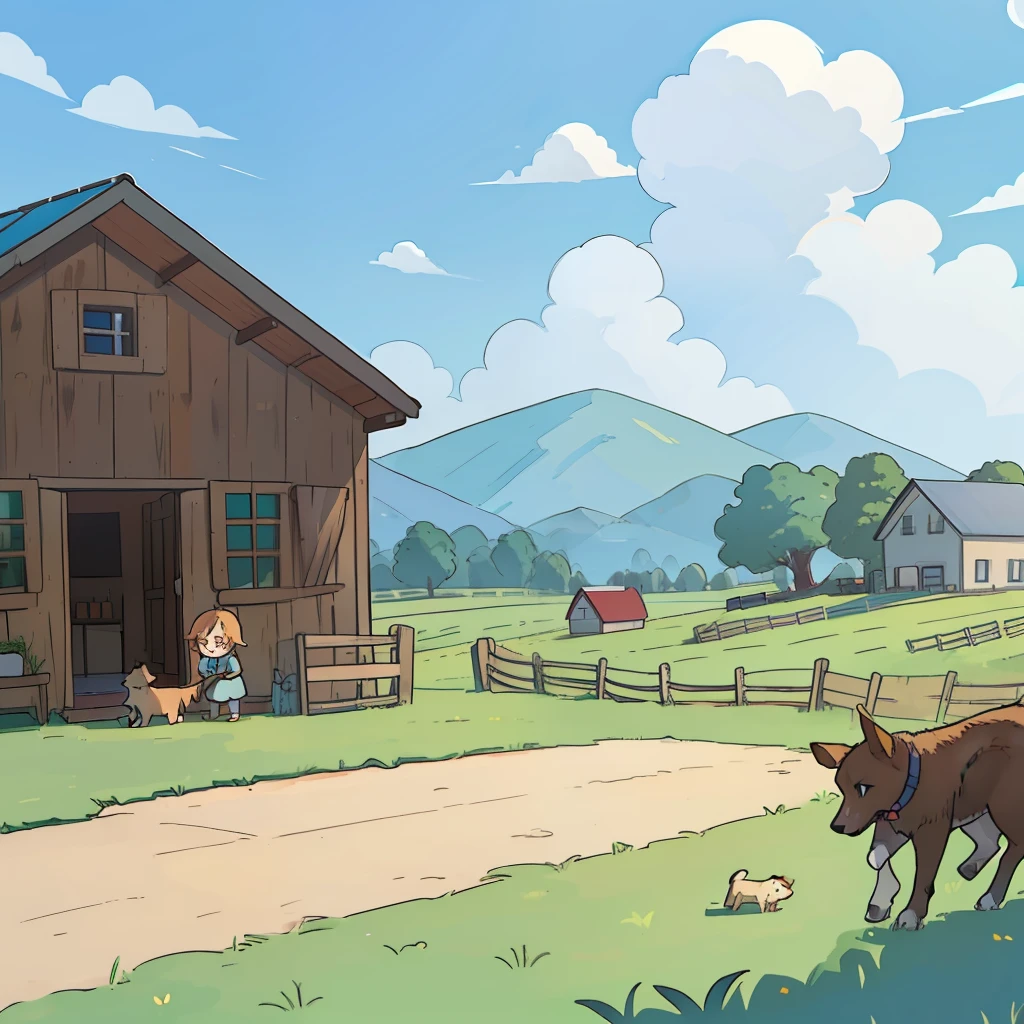 Cute children's farm style with sunny sky during the day and child playing with dog.