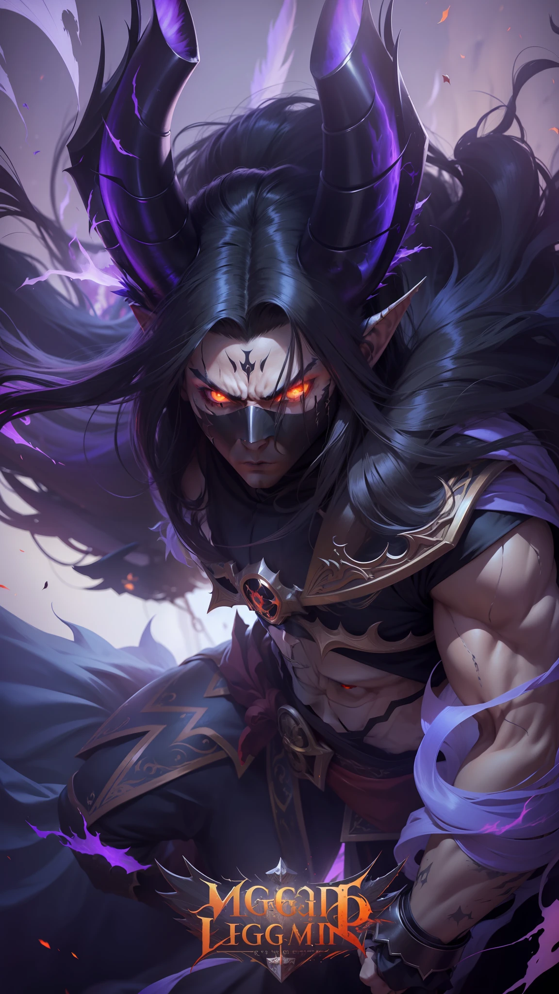 masked man with long hair, thick feather coat, long horns, elf ears, flaming amber eyes, scarred body, angry glare,, detailed Hair, RAW photo, twilight dragon, masterpiece, 8k, best quality, highly detail, ultra realistic,
