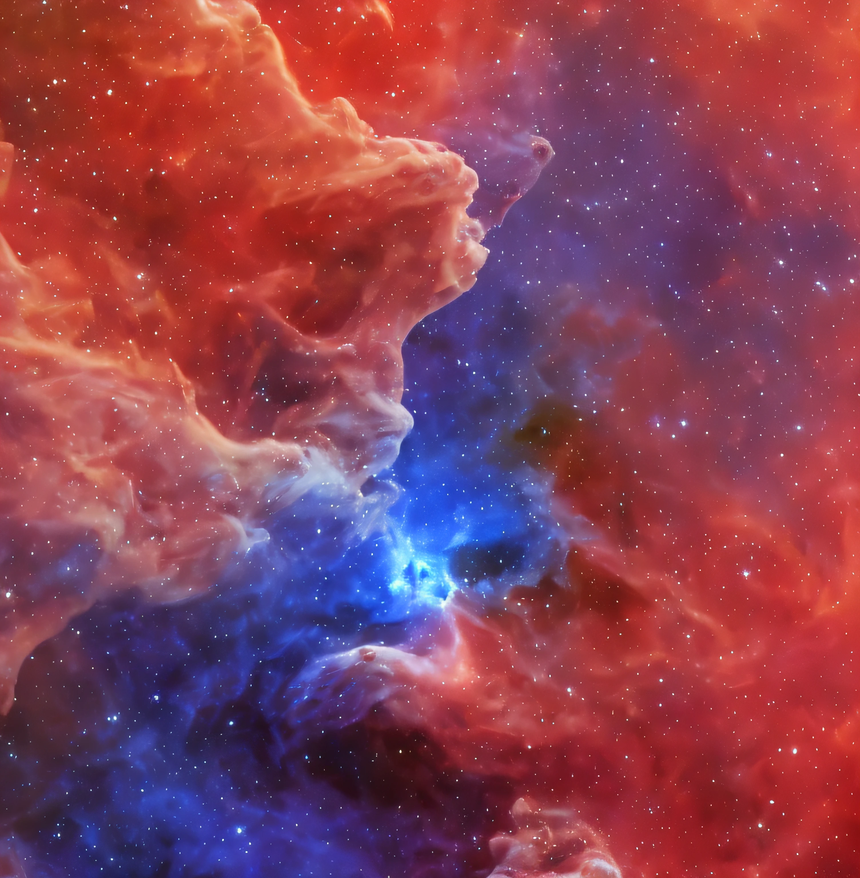 JWST Nebula clouds, darkness in the space, magnificent artwork, blue and purple colour tones, cinematic, 4K, hyperrealism, closeup detail, huge curves, creative, antialiasing