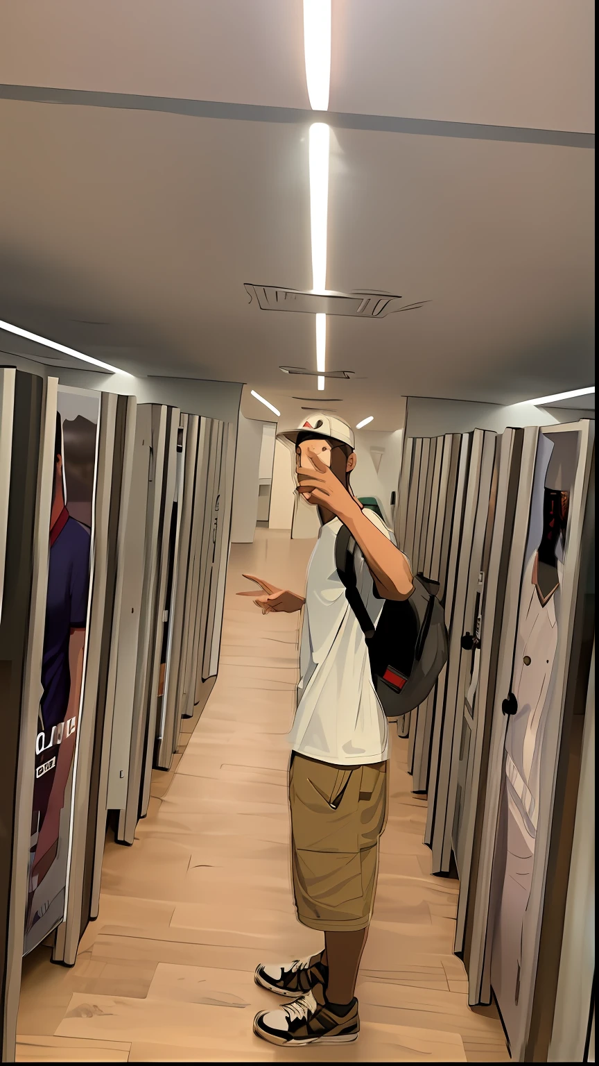 There's a man taking a picture of himself in a hallway...., locker room, Upload de alta qualidade, capsule hotel, em uma academia, ficou em uma cela, em um shopping, em um planeta fitness, baggy clothing and hat, Standing in a server room, lockers, preso nos bastidores