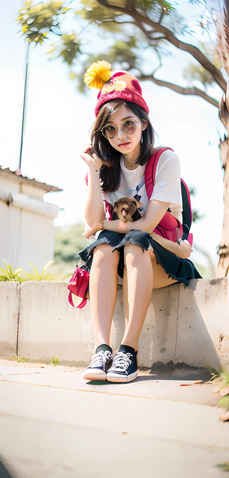 Mulher de 20 anos, adulto, cabelo rosa, cockle, yellow hat, Round Eyewear, mochila com cachorro dendro, fundo de parque