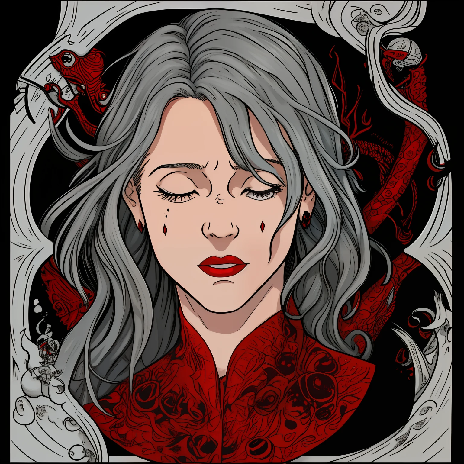 mellicent_ink, poster style, red, grey, white and black colors, portrait, 1girl, solo, grey hair, long hair, messy hair, devided by half, red test tubes on the left, left eye closed, right eye open, surrounded by red tentackles, lovecraft monsters on right, black background, pattern shading