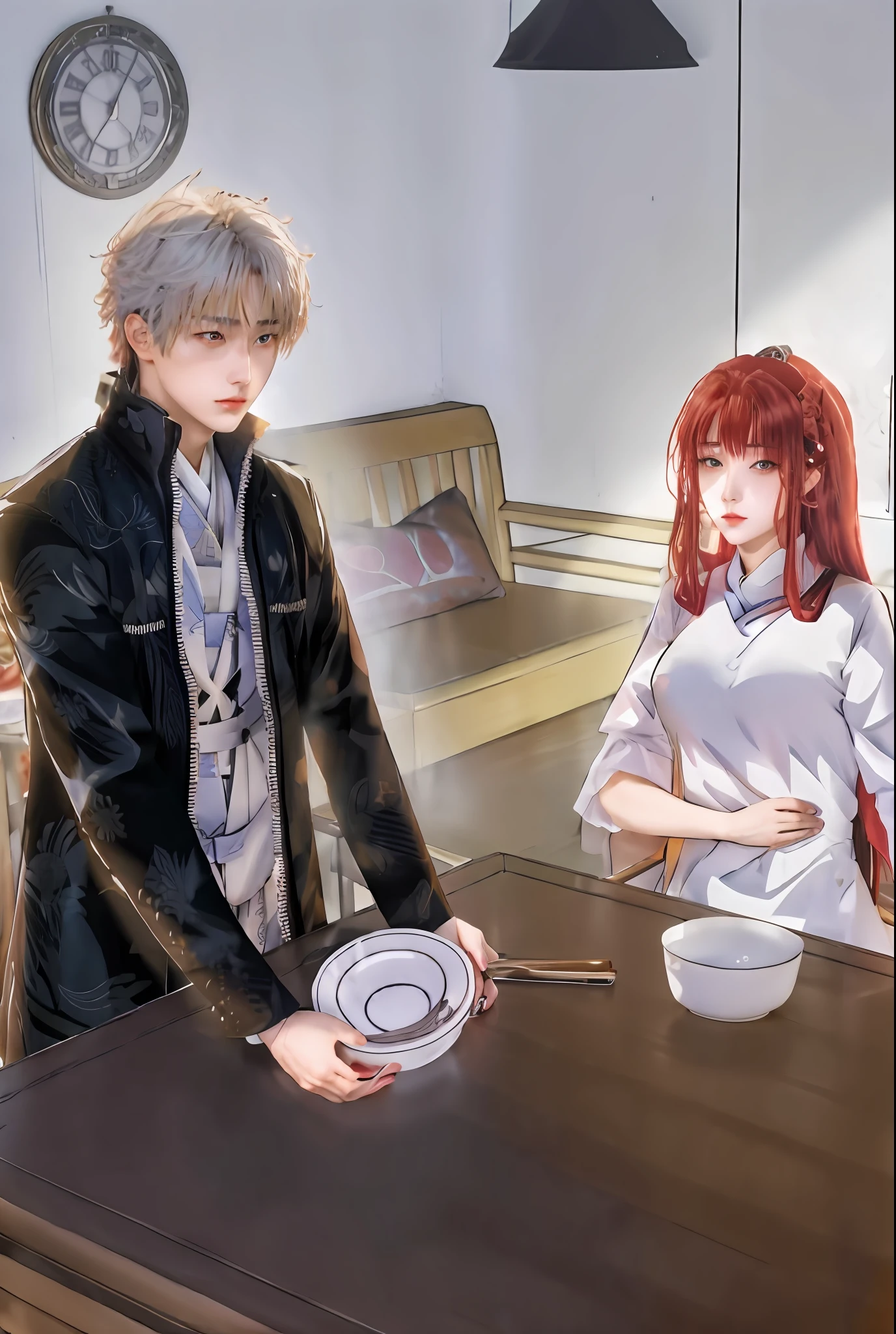 Imagen de anime de un hombre y una mujer de pie en una mesa, Manhwa, a punto de consumirte, Fanart de alta calidad, Apariencia viciosa, Fanart oficial, today's featured anime still, Ginko mostrando un nuevo mushi, Shoujo Romance, puce and vermillion, inspired by Gigadō Ashiyuki, Gapmoe Yandere, Having an awkward dinner date