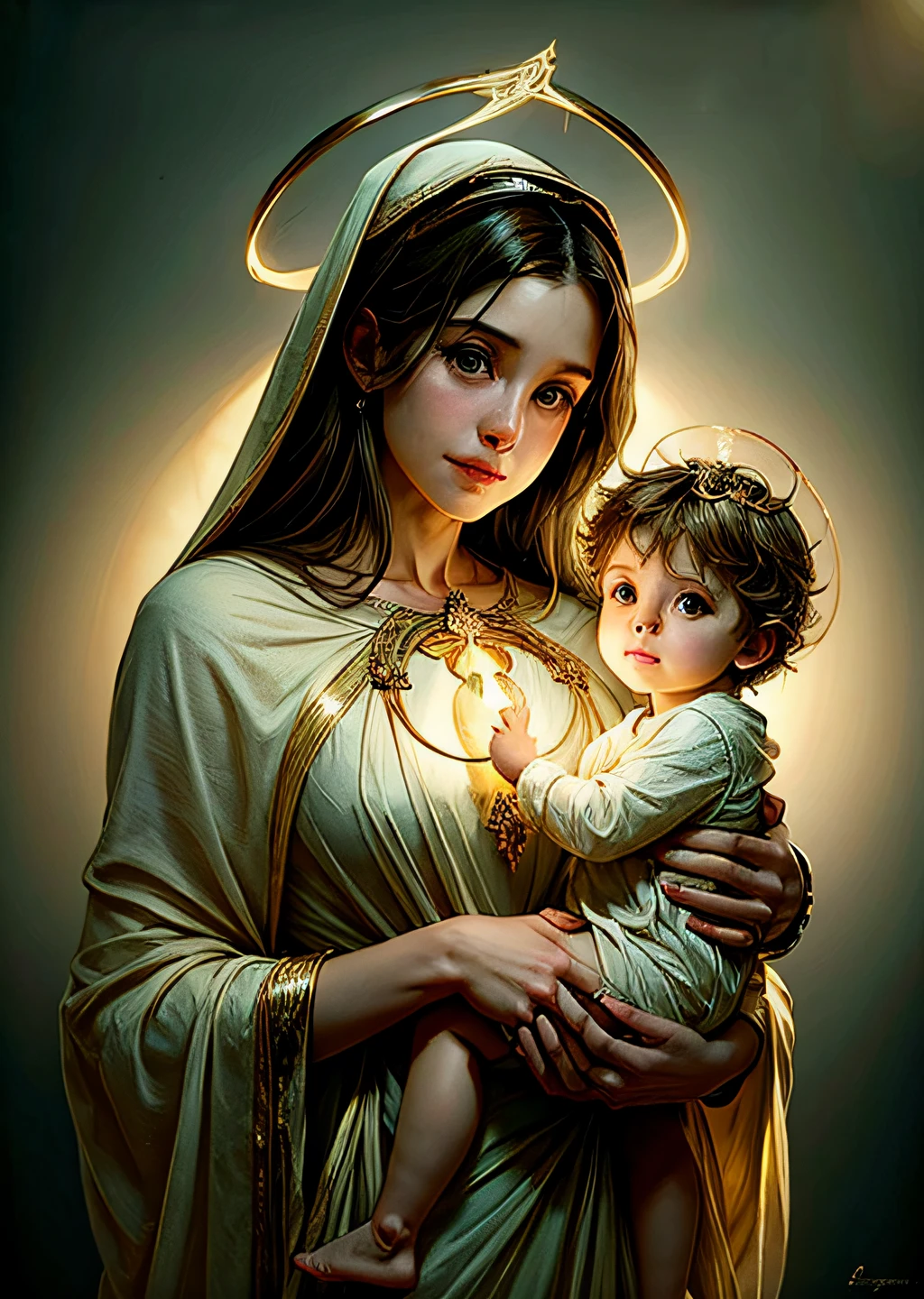 masterpiece, woman and , holy virgin mary with littlin her arms, ((halo over head)), smiling, heavenly sky, half body, ((divine light)), ethereal, clouds, back lighting, realistic portrait, symmetrical, strong, intricate drawing, highly detailed, digital painting, art station, concept art, fluid, sharp focus, illustration, against heaven's gate, cinematic lighting, works by artgerm and greg rutkowski and alphonse mucha