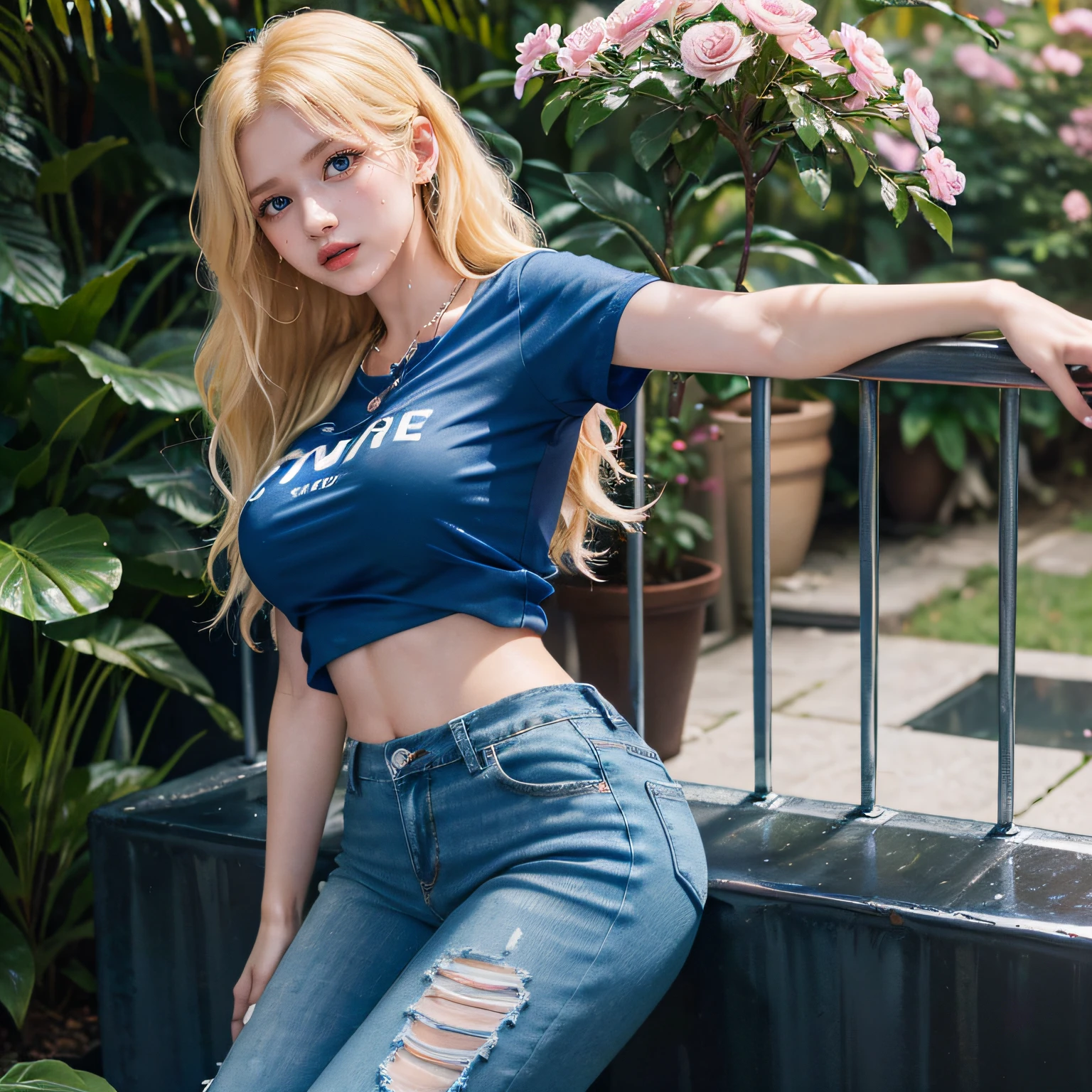 ((Blue Eyes)), Seductive Face, ((Sana Minatozaki)), ((Sana twice)), Rubber, ((wears a blue t-shirt and short jeans, white sneakers)), ((from behind looking at flowers)) , Necklace, (Best Quality, 8k, Masterpiece: 1.3)) ), Clear Focus: 1.2, (Layered Cut, Large: 1.2), Perfect Body Beauty: 1.4, Slender Abs: 1.2, Wet Body: 1.5 , Very detailed face and skin texture, detailed eyes, double eyelids, ((long blonde hair)), long legs, wide hips, big boobs, beautiful tits