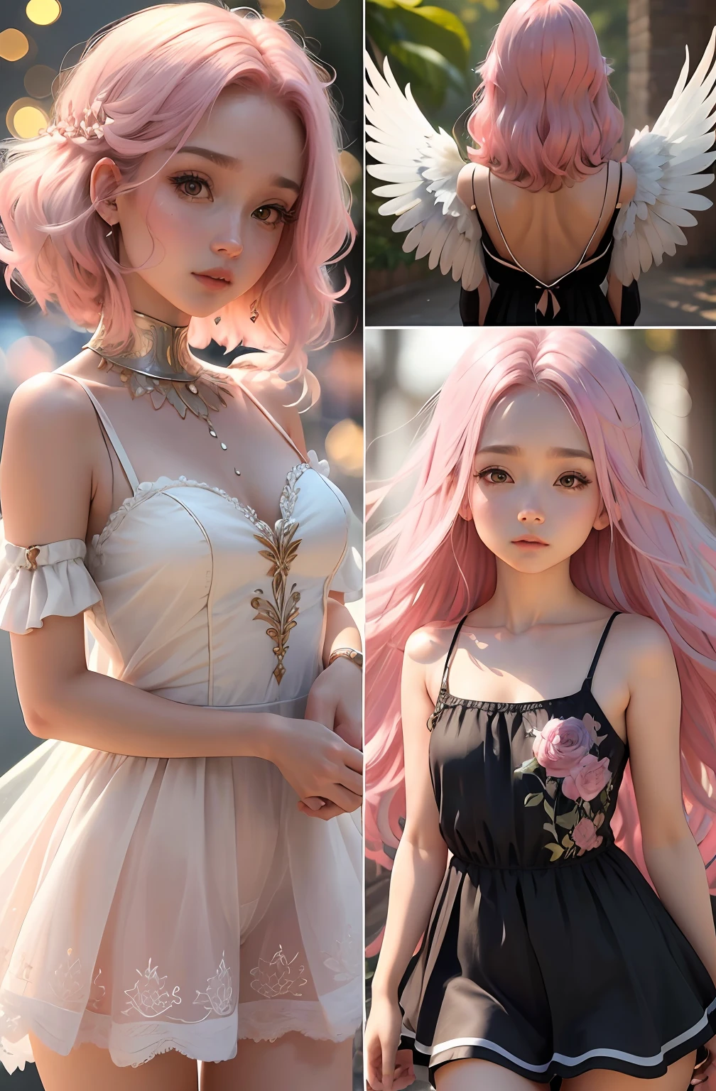 Chibi: 1.2), (obra-prima: 1.4), (melhor qualidade: 1.4), ( Very Cute Bird, rosto super detalhado, Olhos Semelhantes a Joias, Cabelos loiros com pontas rosa Muito Longos, Colored Gradient Hair: 1.1), (Cabelos loiros com as pontas rosa Muito Longos, Colored Gradient Hair: 1.2), (bird wings: 1.2), (chibi bird: 1.1) corpo inteiro, 2 perfect arms, 2 pernas perfeitas: 1.1), (Perfeito 4 dedos: 1 polegar), (vestido branco com rosa e dourado: 1.1) (V3 variation in various poses flying alongside birds) ( magical nature with sublime flowers and plants: 1.1) leve, brilho, Bokeh, super fino.