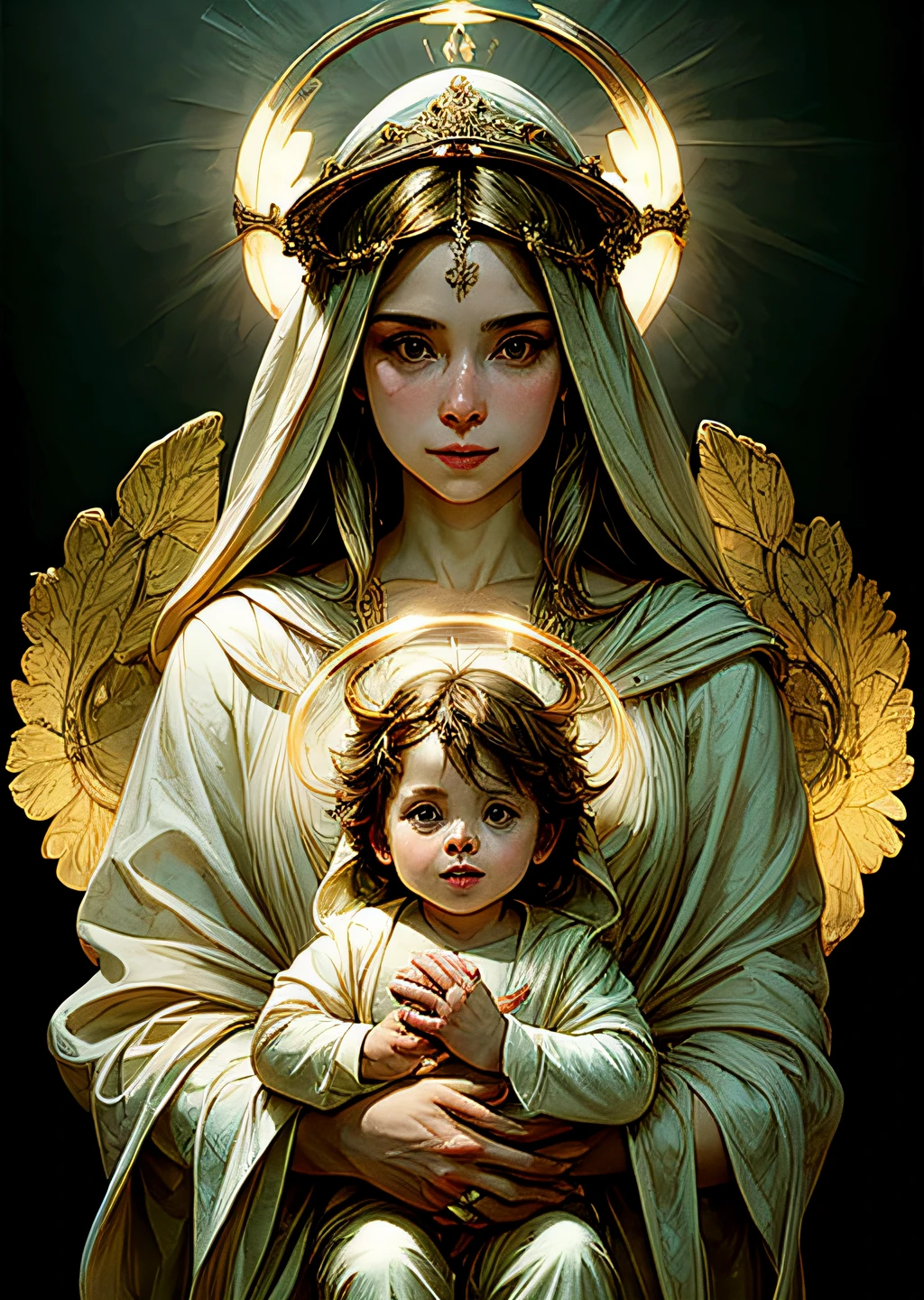 masterpiece, woman and , holy virgin mary with littlin her arms, ((halo over head)), smiling, heavenly sky, half body, ((divine light)), ethereal, clouds, back lighting, realistic portrait, symmetrical, strong, intricate drawing, highly detailed, digital painting, art station, concept art, fluid, sharp focus, illustration, against heaven's gate, cinematic lighting, works by artgerm and greg rutkowski and alphonse mucha