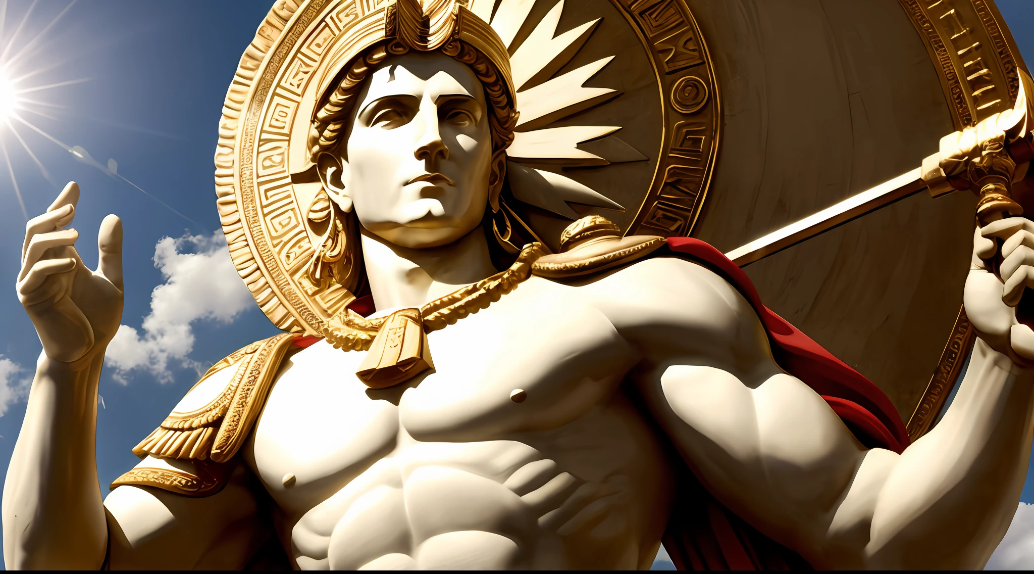Imagine a majestic and imposing image of Julius Caesar, o Imperador mais poderoso da Roma Antiga. He is portrayed in his fullness, vestindo uma toga vermelha e dourada, symbols of his authority and leadership position. Your shoulders are up, refletindo sua postura confiante e determinada. Julius Caesar is portrayed with a serious expression and piercing eyes, reflecting your sharp intelligence and ability to make crucial strategic decisions. A laurel wreath adorns his head, honoring his military conquests and his victories in the campaigns that expanded the Roman dominions. The image is adorned with symbols of power and grandeur: Around you, Roman soldiers march with spears and shields, simbolizando a lealdade e o poder militar que ele comandava. From a distance, cidades romanas prosperam sob seu governo, demonstrate the extent of the lands under their control. Behind Julius Caesar, there is the majestic Roman Senate, that although it was a symbol of the ancient Roman Republic, agora reconhece sua autoridade suprema, mostrando o poder que acumulou como ditador para toda a vida. in sky, O sol brilha intensamente, illuminating Julius Caesar with a halo of glory, highlighting his aura of charismatic leadership and lighting his way as the most powerful ruler of his time. This image evokes the idea of a charismatic leader, Bright and relentless, whose power and influence extended over vast territories and shaped the fate of one of the greatest civilizations in history, a Roma Antiga.