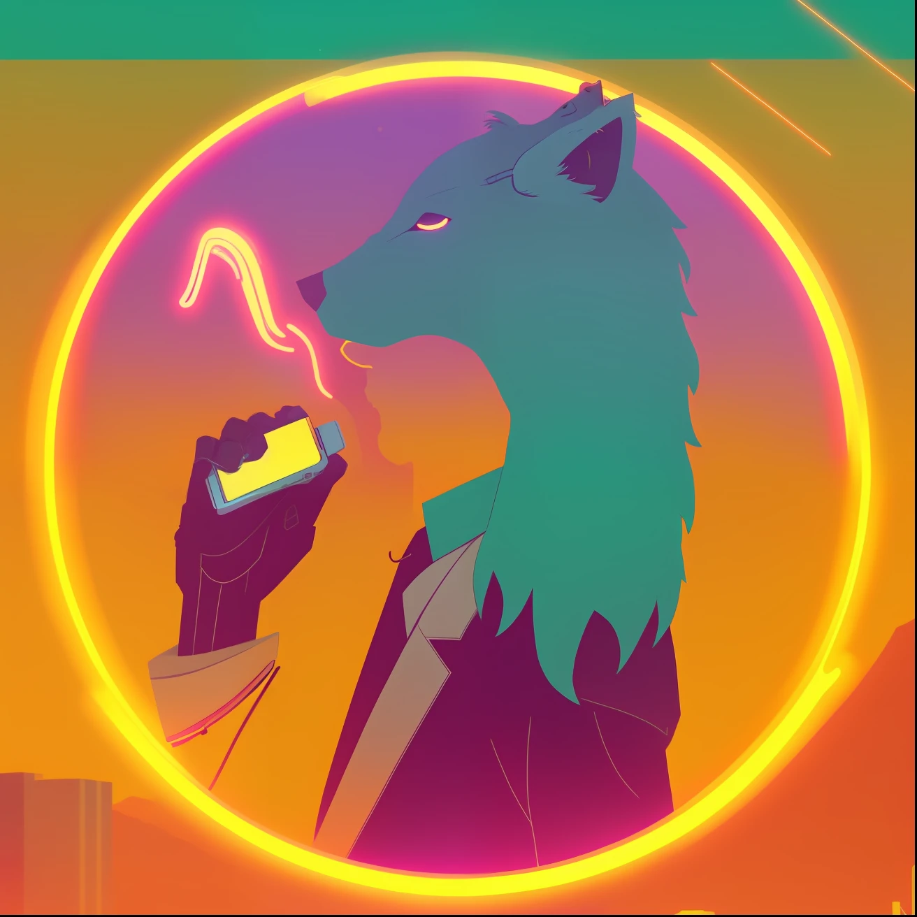 Imagem de um homem de terno falando ao celular, an anthropomorphic wolf, an anthropomorphic cyberpunk fox, Arte no estilo de Joshy Sly, inspirado em Wolf Huber, anthropomorphic wolf, anthropomorphic wolf male, anthropomorphic coyote male, ( ( ( Synthwave ) ) )