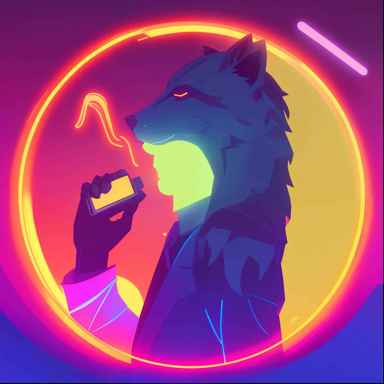 Imagem de um homem de terno falando ao celular, an anthropomorphic wolf, an anthropomorphic cyberpunk fox, Arte no estilo de Joshy Sly, inspirado em Wolf Huber, anthropomorphic wolf, anthropomorphic wolf male, anthropomorphic coyote male, ( ( ( Synthwave ) ) )