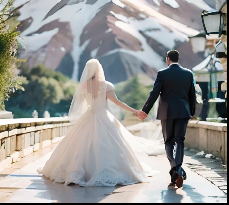 bride and groom walking down a road holding hands, modest flowing gown, in a scenic background, wearing a wedding dress, lovely couple, luxurious wedding, wedding dress, bride and groom, this is beautiful, white hijab, with mountains in the background, wedding photo, back view. nuri iyem, with beautiful mosques, happy couple, beautiful wedding dress