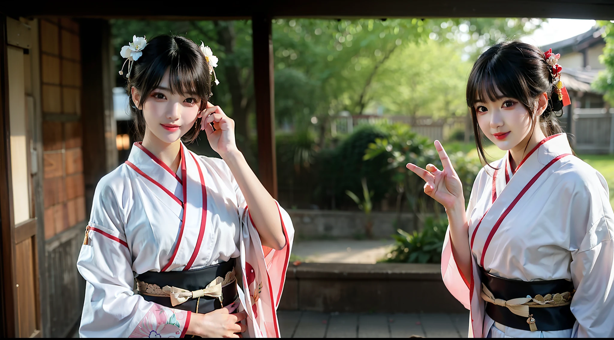 ((Top Quality, 8K, Masterpiece: 1.3)), Sharp Focus: 1.2, (Super Beautiful Face: 1.0), (Slender Abs Beauty: 1.0), (Shiny Skin: 1.0), Realistic Photography, Black Hair, Realistic Pupils, Video Lighting, High Definition Eyes and Face, Video Lighting, (Cowboy Shot: 1.3), kimono, hakama, obi, (Korean Cute Actress), in nature, traditional kimono, happy, Looking at the audience, head on,