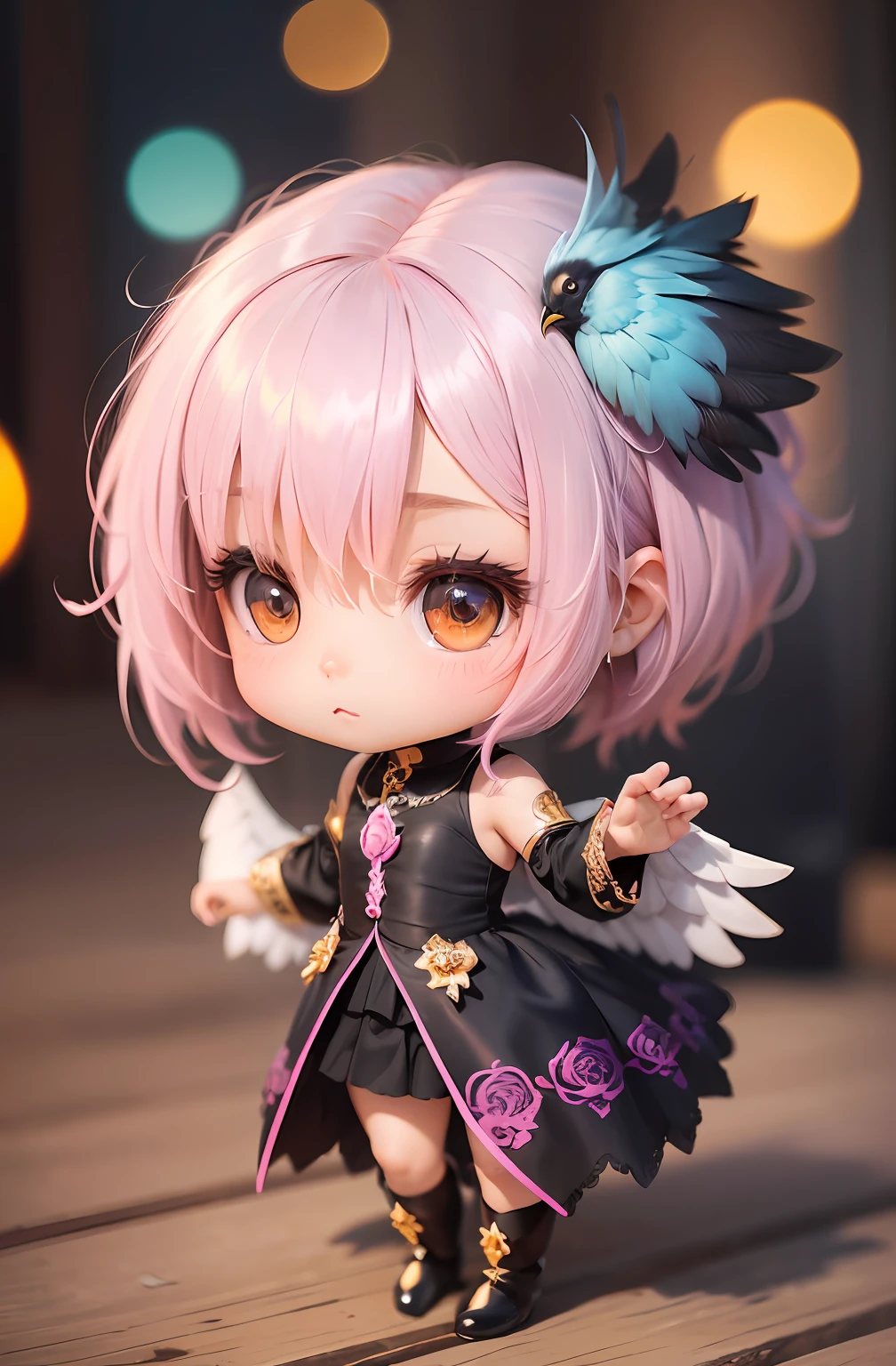 (Chibi: 1.2), (obra-prima: 1.4), (melhor qualidade: 1.4), ( Very Cute Bird, rosto super detalhado, Olhos Semelhantes a Joias, Cabelos loiros com rosa Muito Longos, Colored Gradient Hair: 1.1), (Cabelos loiros com rosa Muito Longos, Colored Gradient Hair: 1.4)  (bird wings: 1.2), (chibi bird: 1.2) (corpo inteiro, 2 perfect arms, 2 pernas perfeitas: 1.1), (Perfeito 4 dedos: 1 polegar),vestido branco com rosa e dourado: 1.1) (V3 variation in various poses flying alongside birds) leve, brilho, Bokeh, super fino.