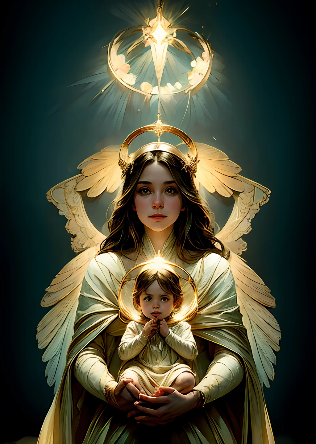 masterpiece, woman and child, holy virgin mary with little boy in her arms, ((halo over head)), smiling, heavenly sky, half body, ((divine light)), ethereal, clouds, back lighting, realistic portrait, symmetrical, strong, intricate drawing, highly detailed, digital painting, art station, concept art, fluid, sharp focus, illustration, against heaven's gate, cinematic lighting, works by artgerm and greg rutkowski and alphonse mucha