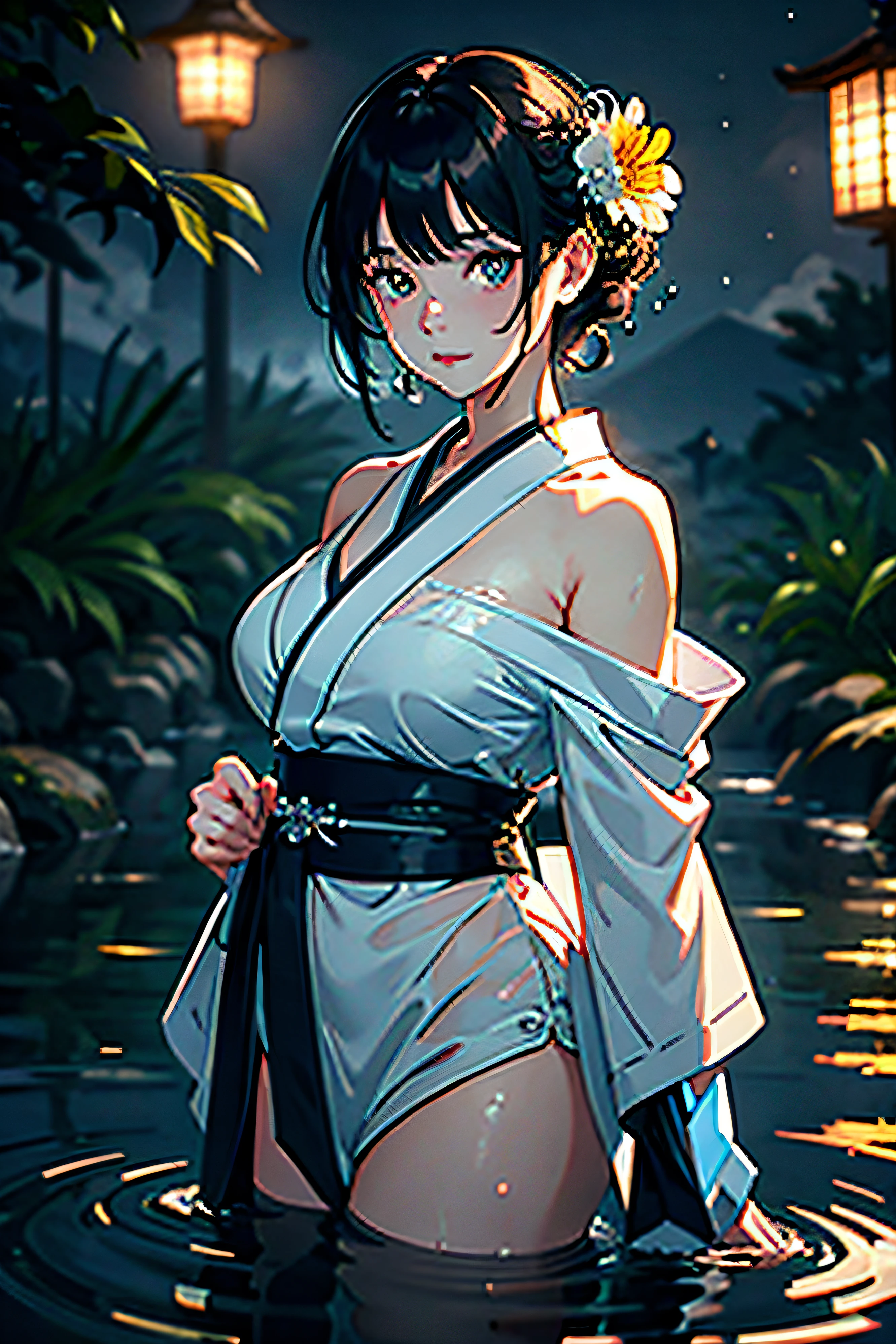 1girl, breasts, moon, lantern, night, solo, large breasts, hair ornament, wet, kimono, japanese clothes, wading, water, hair flower, flower, outdoors, sky, full moon, rain, black hair, off shoulder, mountain, cloud, holding, sash, bare shoulders, paper lantern, standing, white kimono, night sky, sideboob, obi, wet clothes, bangs, tree, from side, reflection, short hair, cloudy sky, wet hair (((masterpiece),(extremely detailed CG unity 8k wallpaper),best quality,,solo,1girl,cinematic lighting,detailed background,beautiful detailed eyes,bright pupils, (an extremely delicate and beautiful),(Beautiful and detailed eye description), ultra-detailed,masterpiece,)),