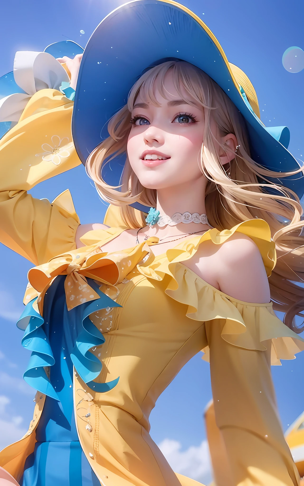 nfsw, cum on mouth, yellow dress, yellow long hair, cute face, small breats, cum on body, sexy, smile, 8k ultra hd, detail skin, cute eyes, blue eyes, cute face, DSLR camera, high resolution, 4k, ultra hd, detailed skin,