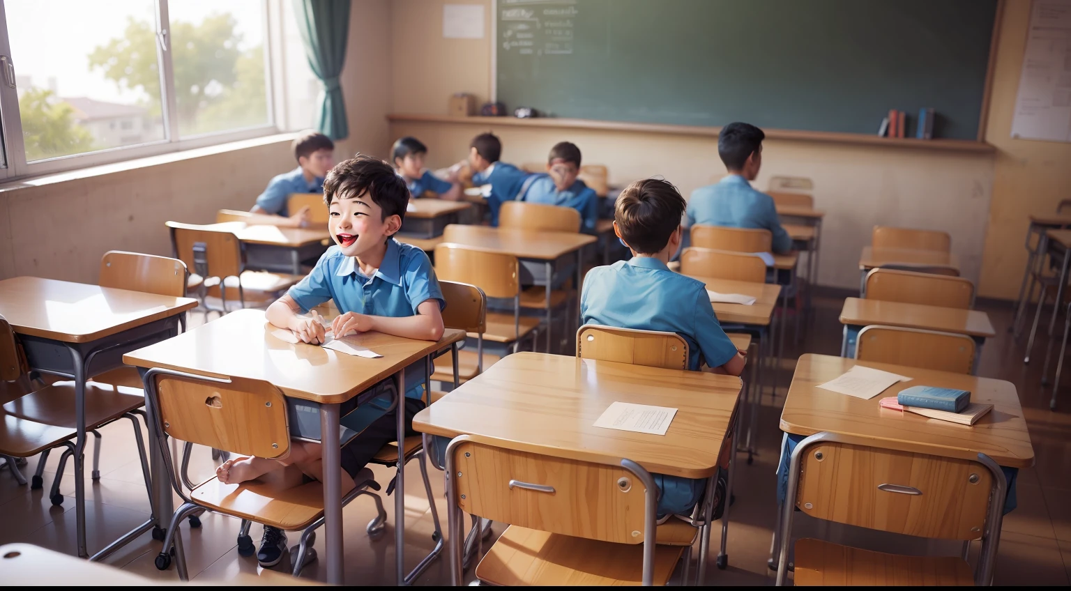 A boy, enjoying with his classmates, in a classroom.