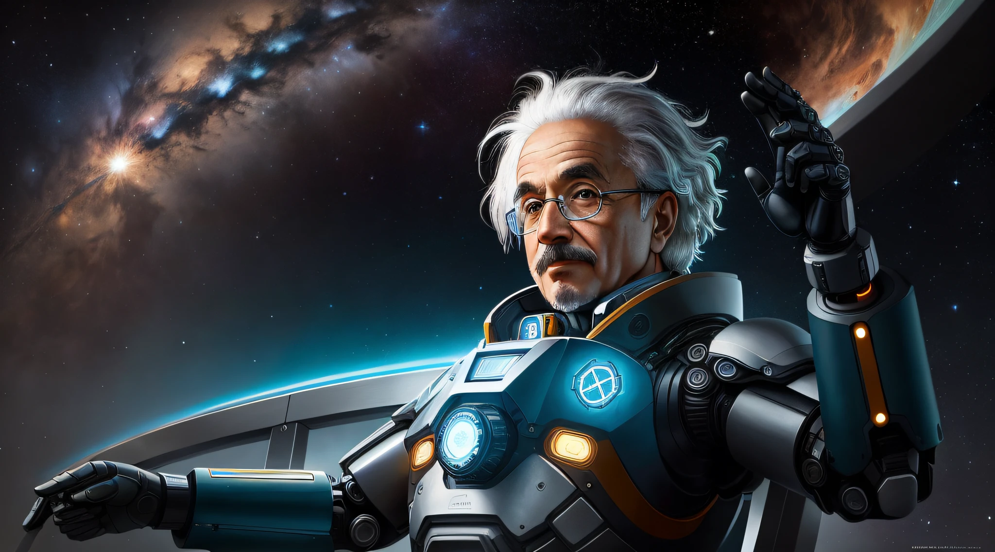 In the futuristic image of Albert Einstein robotic, We witness an innovative and technologically advanced interpretation of the legendary scientist. His face is meticulously carved out of shiny metal, maintaining its distinctive characteristics, like his piercing eyes and his classic misaligned hair. His expression is serene, mas carrega um toque de sabedoria e curiosidade intelectual.

Einstein's body is composed of elegant lines of chrome metal, exhibiting a harmonious fusion of art and technology. Your joints are agile and fluid, allowing it to move with grace and efficiency. In your robotic hands, segura uma esfera luminosa de luz, representing his constant search for knowledge and enlightenment.

Em sua testa, A small holographic viewfinder projects mathematical formulas and complex equations that are constantly evolving, symbolizing the continuation of his legacy and his eternal dedication to science and research.

Einstein's robotic chest is adorned with gears and symbols from quantum physics, recalling his revolutionary contributions to the understanding of the universe. Symbols of stars and galaxies adorn his shoulders, representing its connection to the cosmos and the immensity of as yet unexplored knowledge.

As a futuristic robot, Albert Einstein possesses an aura of mystery and fascination, Representing the fusion between human and advanced artificial intelligence. Their presence is a vivid reminder that science and technology are intrinsically linked, and that the exploration of the unknown is always beyond the horizon.

This visionary image of Albert Einstein robotic and futuristic is a tribute to his timeless impact on science and the limitless potential of technological innovation that continues to shape the world.