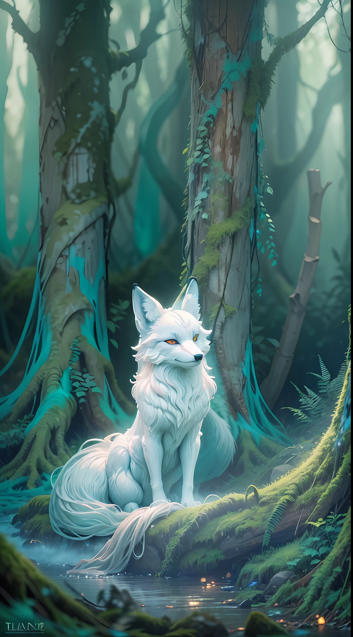 In the heart of a lush, mystical forest lies a hidden clearing where a ghostly fox emerges from the mist, his form constantly oscillating between opaque and translucent. The white and blue hues of his fur create an ethereal, dreamlike aura, making him resemble a creature of myth and legend. The clearing is filled with ancient trees adorned with luminescent moss that emits a soft, enchanting glow. The air is charged with magic and the surrounding area is filled with the faint whispers of forest spirits. The atmosphere is one of enchantment and wonder, as if the clearing existed in a realm where reality and fantasy intertwine. The style of this image is a captivating sculpture, created with a blend of traditional carving techniques and modern materials to bring the fox's ghostly appearance to life. The sculpture is lit from within, enhancing the mystical mood of the scene and creating a mesmerizing centerpiece that captures the viewer's imagination.