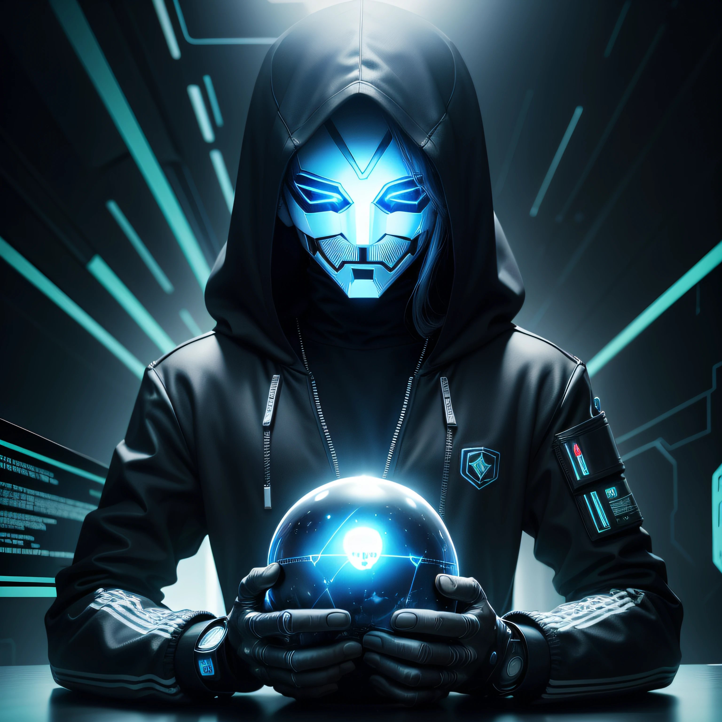 uma pessoa com capuz segurando uma bola de cristal na frente da tela de um computador, hacker Cyberpunk, hacker, figura encapuzada, cyber background, figuras encapuzadas, Cybernetic style, Anonymous