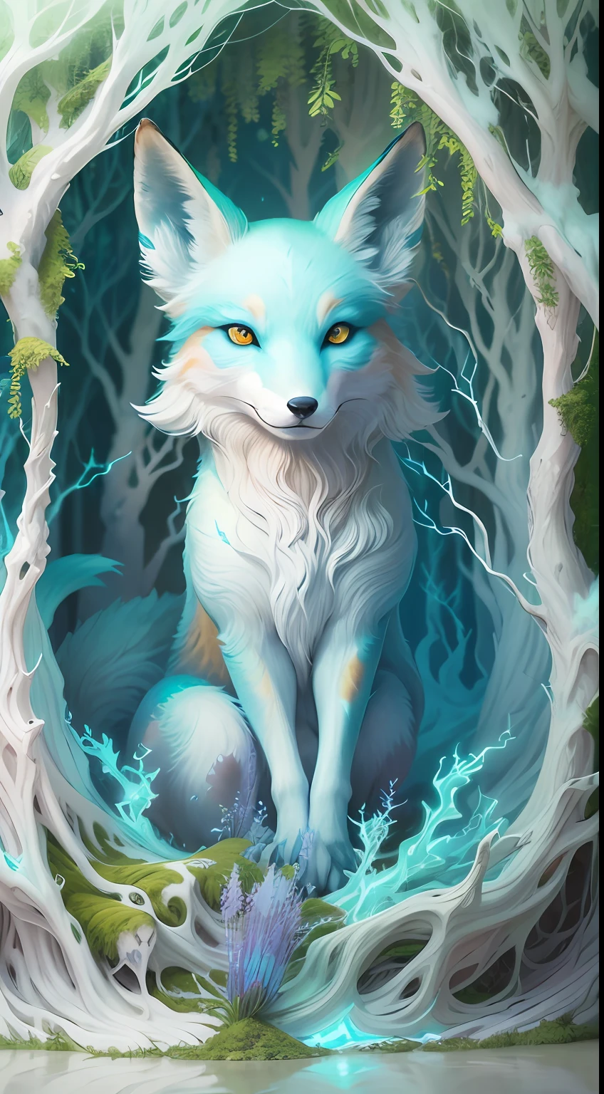 In the heart of a lush, mystical forest lies a hidden clearing where a ghostly fox emerges from the mist, his form constantly oscillating between opaque and translucent. The white and blue hues of his fur create an ethereal, dreamlike aura, making him resemble a creature of myth and legend. The clearing is filled with ancient trees adorned with luminescent moss that emits a soft, enchanting glow. The air is charged with magic and the surrounding area is filled with the faint whispers of forest spirits. The atmosphere is one of enchantment and wonder, as if the clearing existed in a realm where reality and fantasy intertwine. The style of this image is a captivating sculpture, created with a blend of traditional carving techniques and modern materials to bring the fox's ghostly appearance to life. The sculpture is lit from within, enhancing the mystical mood of the scene and creating a mesmerizing centerpiece that captures the viewer's imagination.